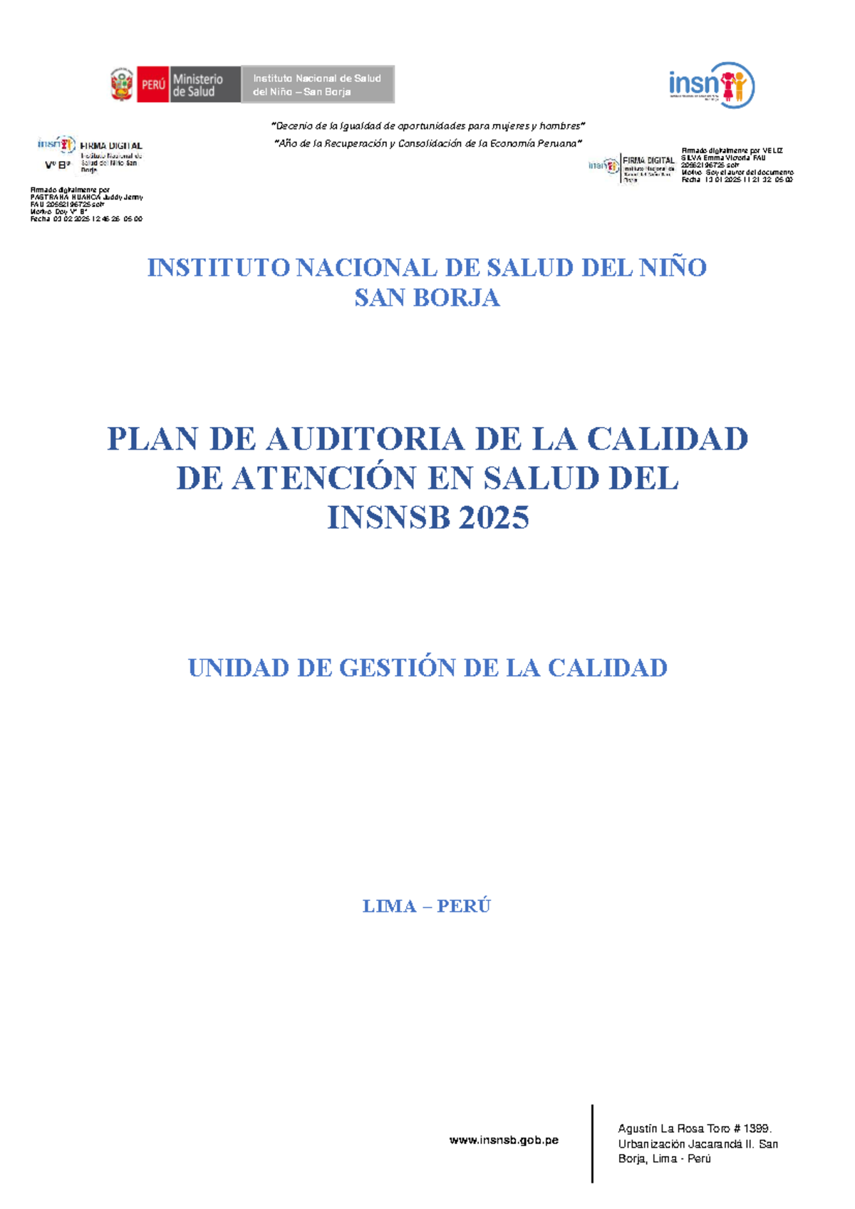 Plan Anual de Auditoría de Calidad de Atención en Salud 2025 - INSNSB ...