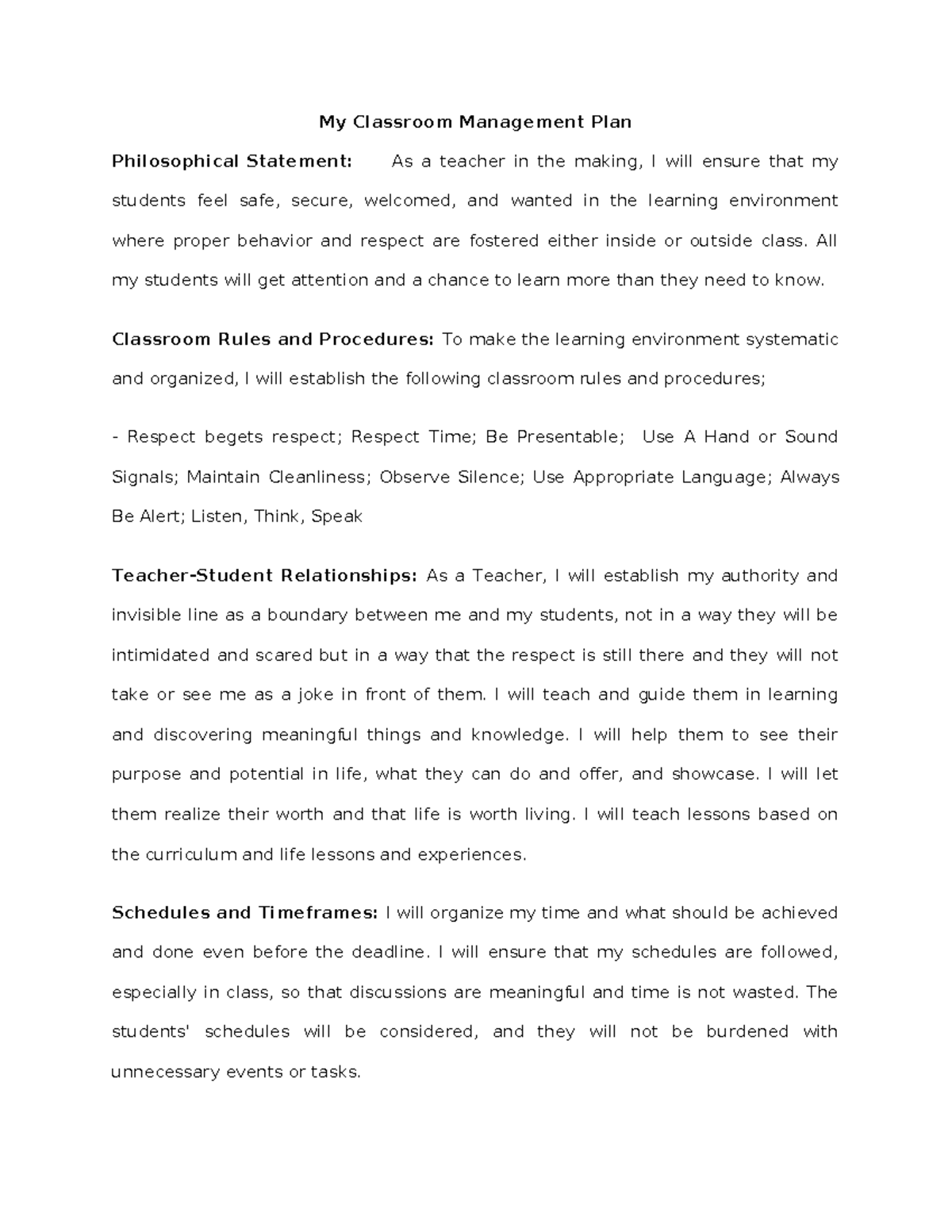 Classroom Management Plan - My Classroom Management Plan Philosophical ...