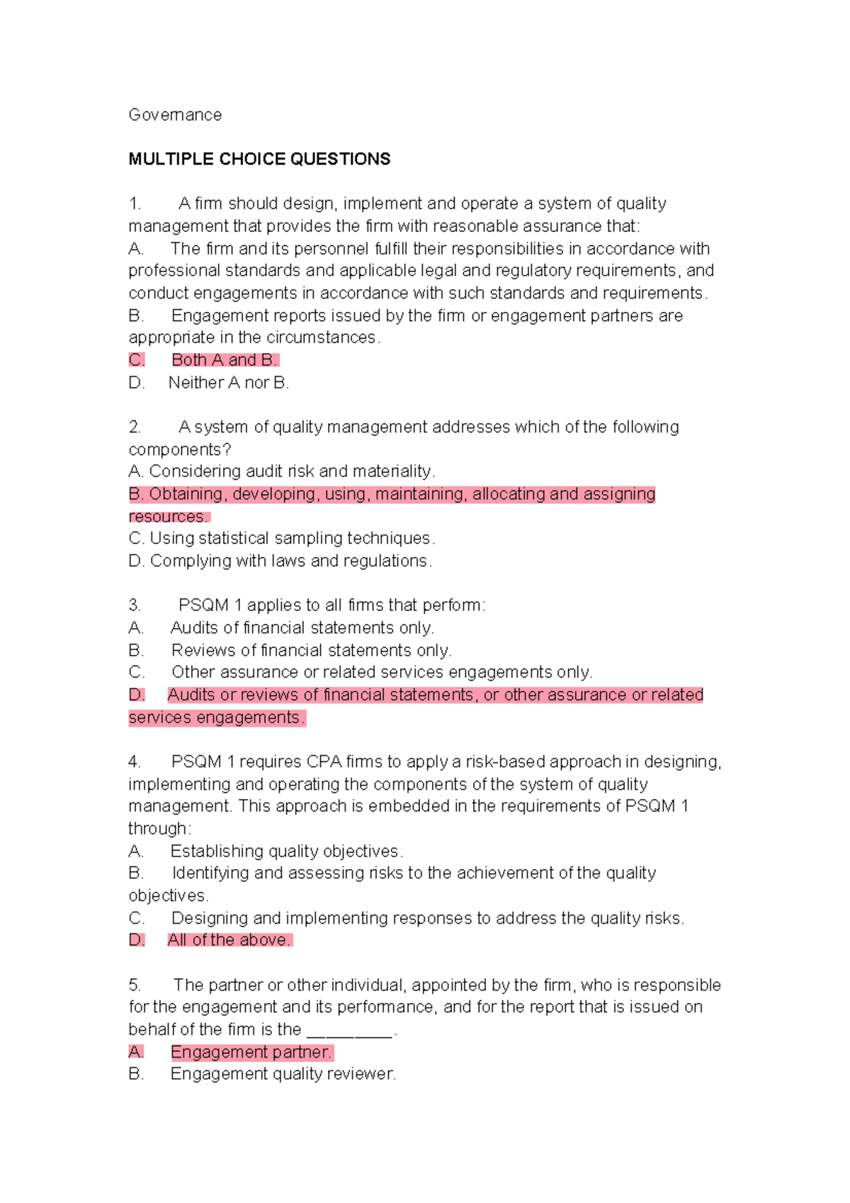 Governance Q&A: Quality Management System MCQs for CPA Exam - Studocu