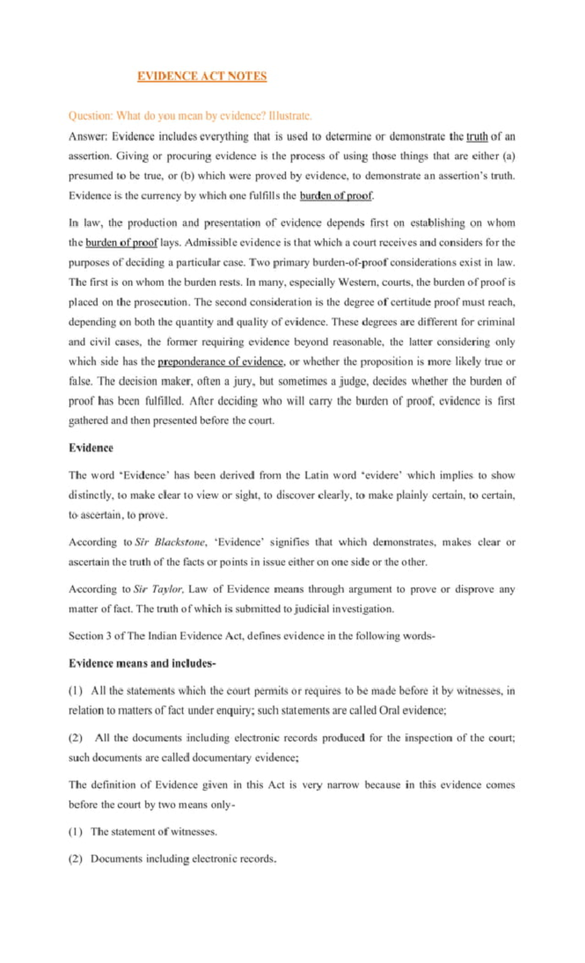 Evidence Law Notes (Course Code: EVID 101) - Studocu