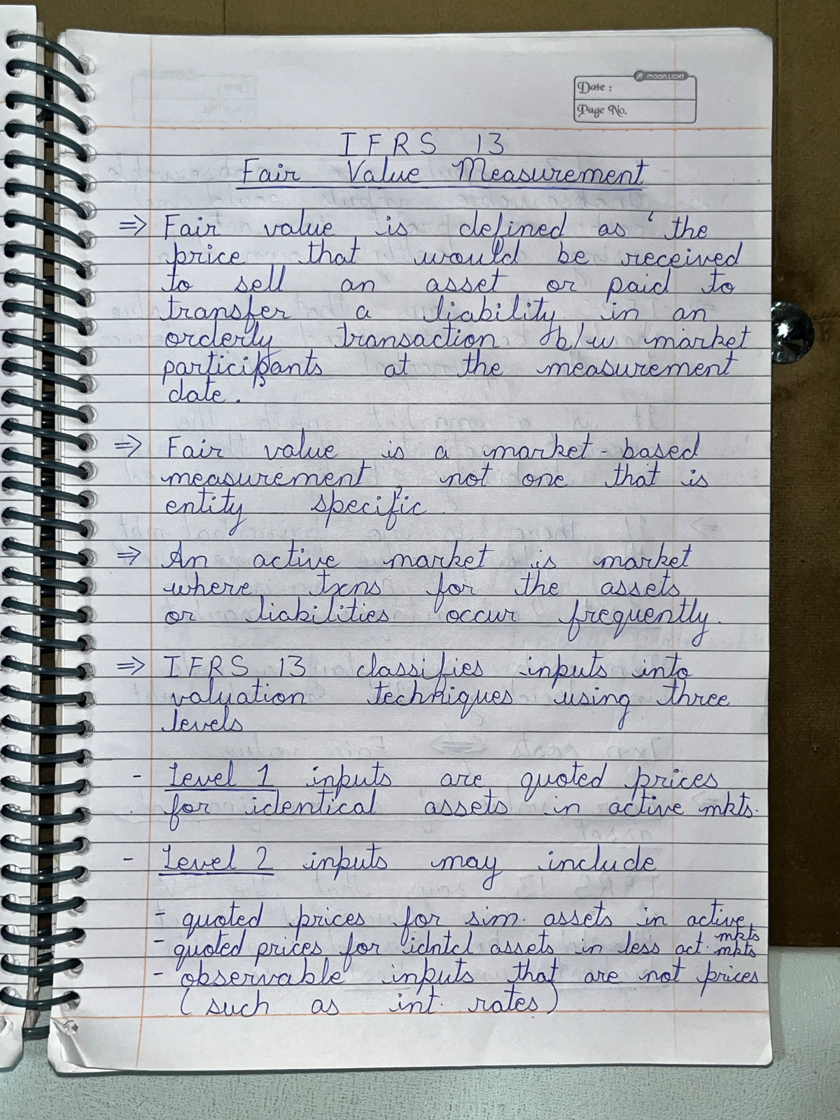 IFRS 13 Fair Value Measurement Notes - MOON LIGHT Date: Page No. IFRS ...