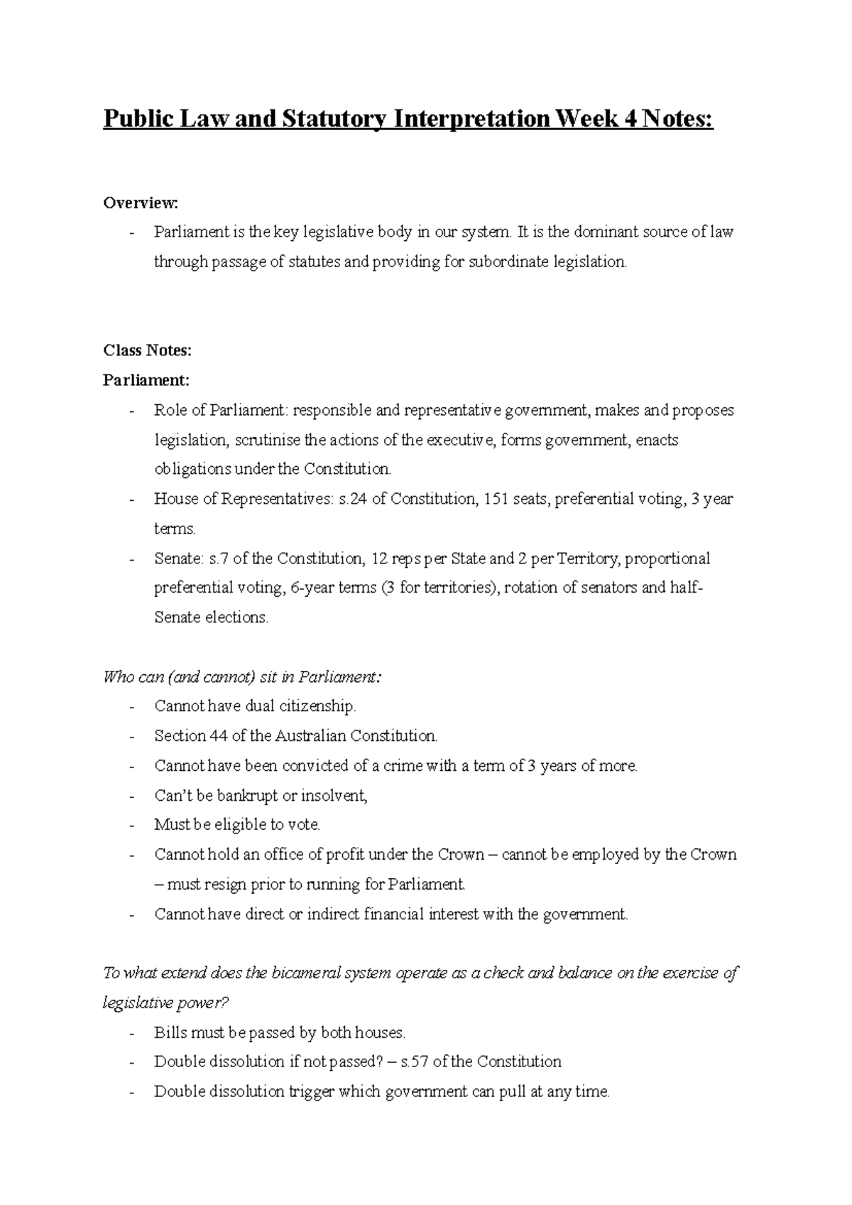 Public Law and Statutory Interpretation: Week 4 Class Notes - Studocu