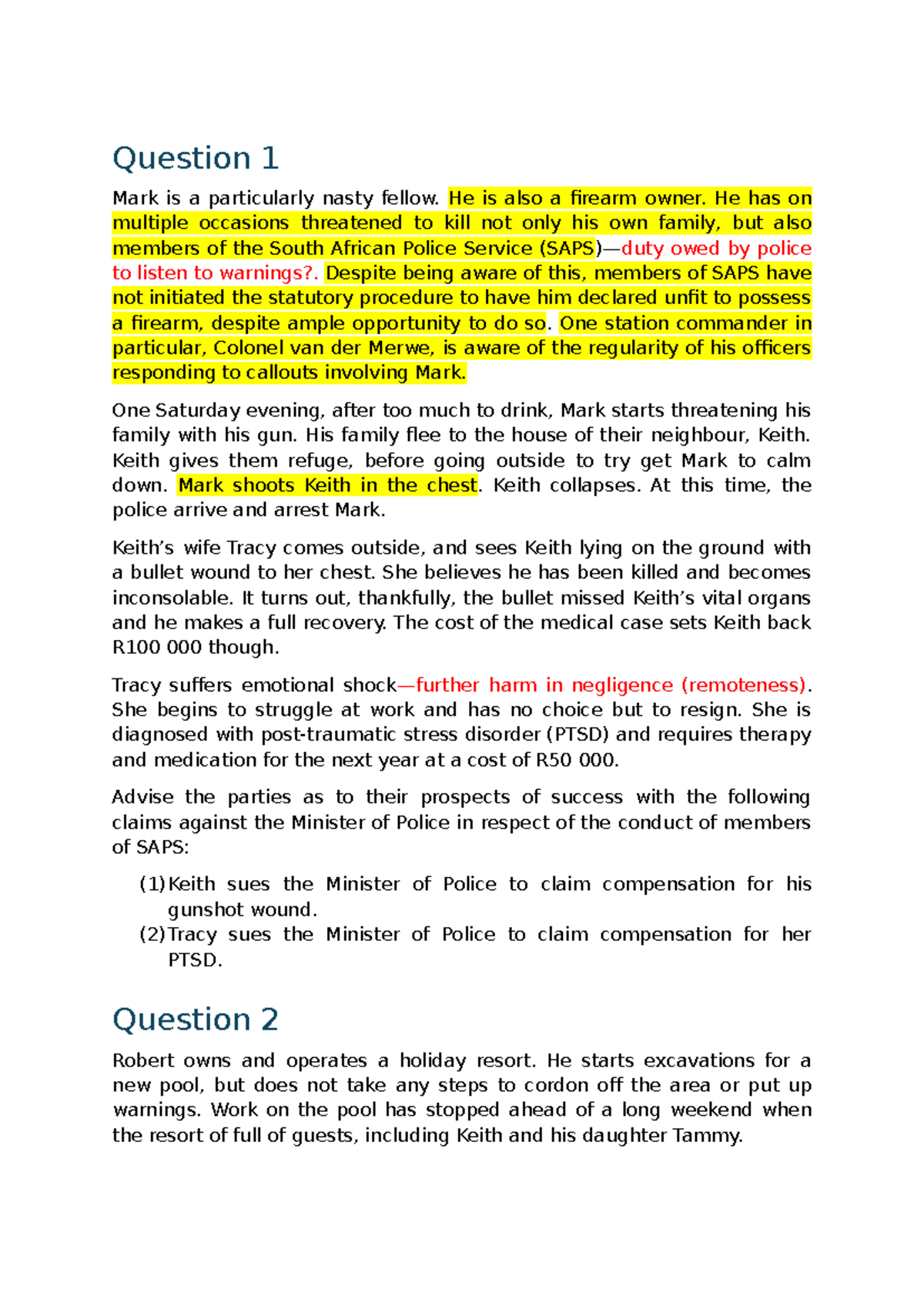 Aquilian Liability Practice Questions 1: Legal Analysis and Claims ...