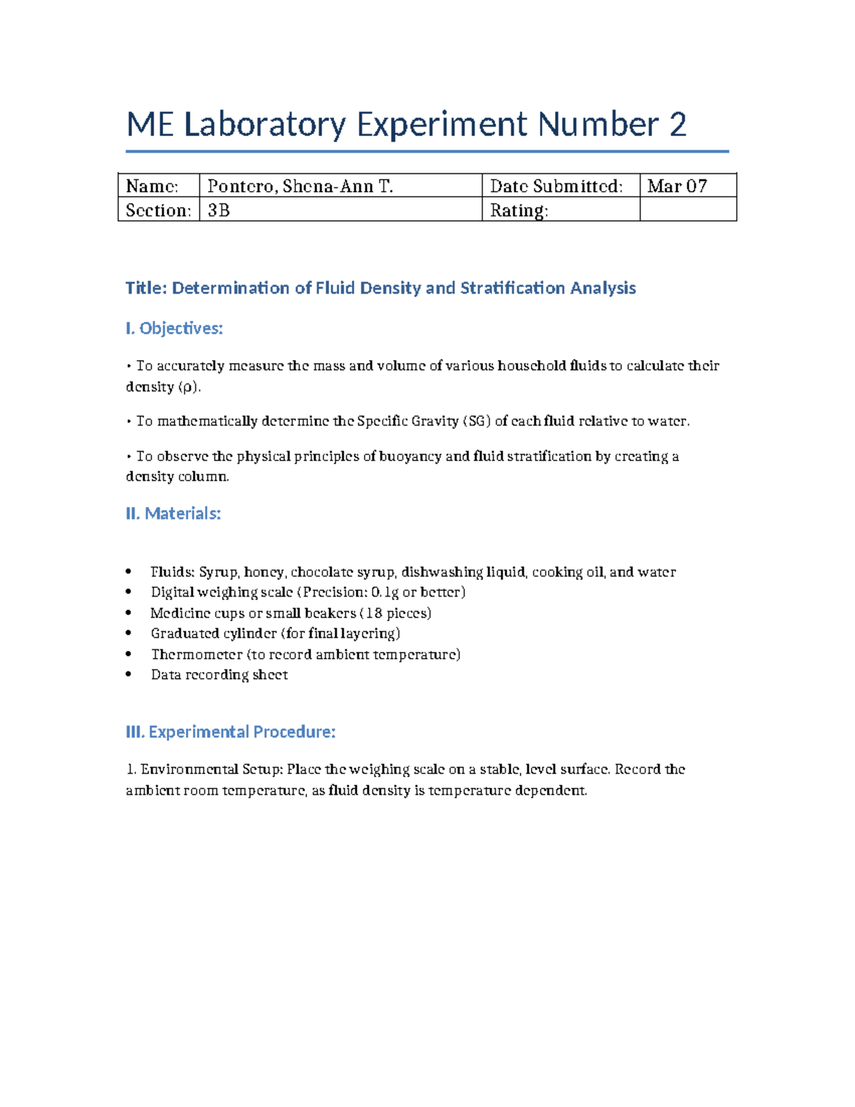 ME Laboratory Experiment 2: Fluid Density & Stratification Analysis ...