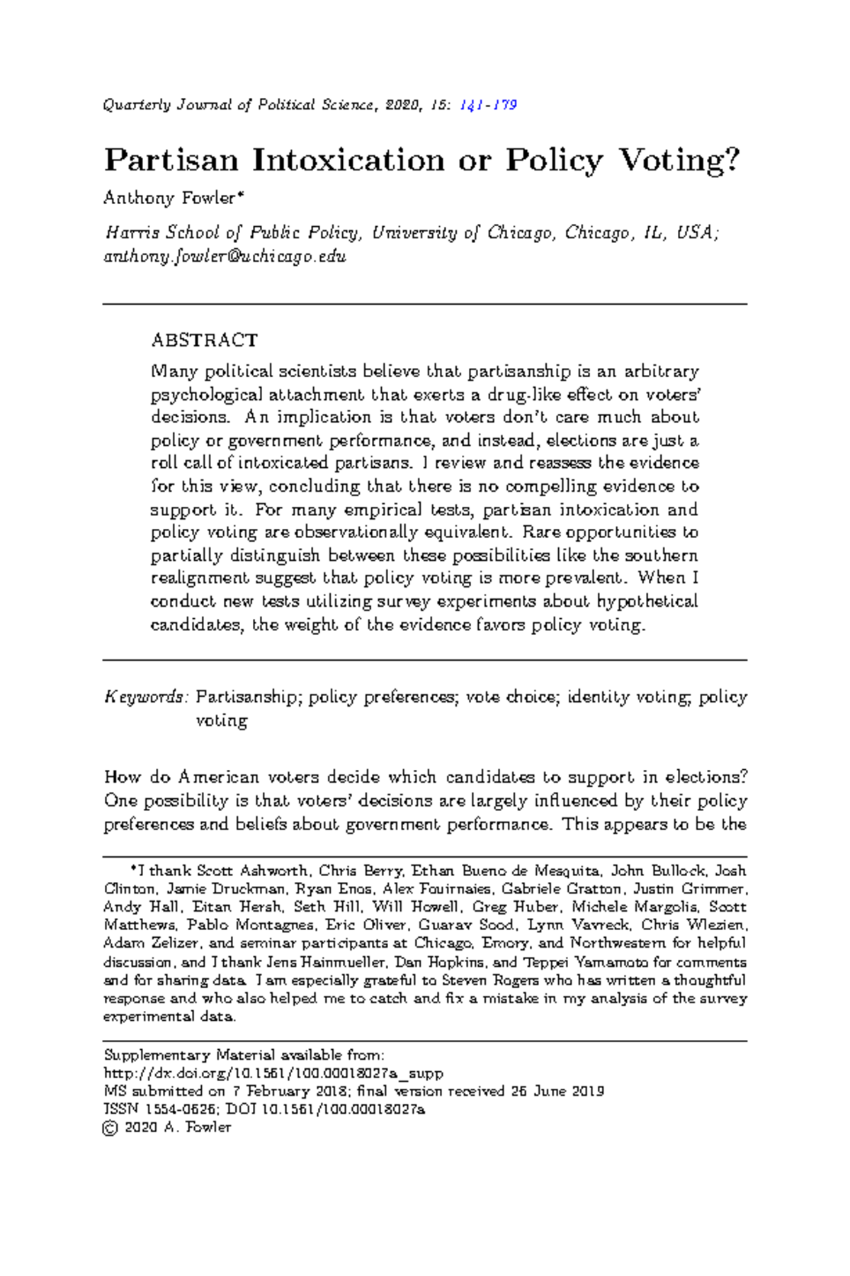 100 - STUDY DOCUMENTS - Quarterly Journal of Political Science, 2020, 15: 141 – 179 Partisan ...
