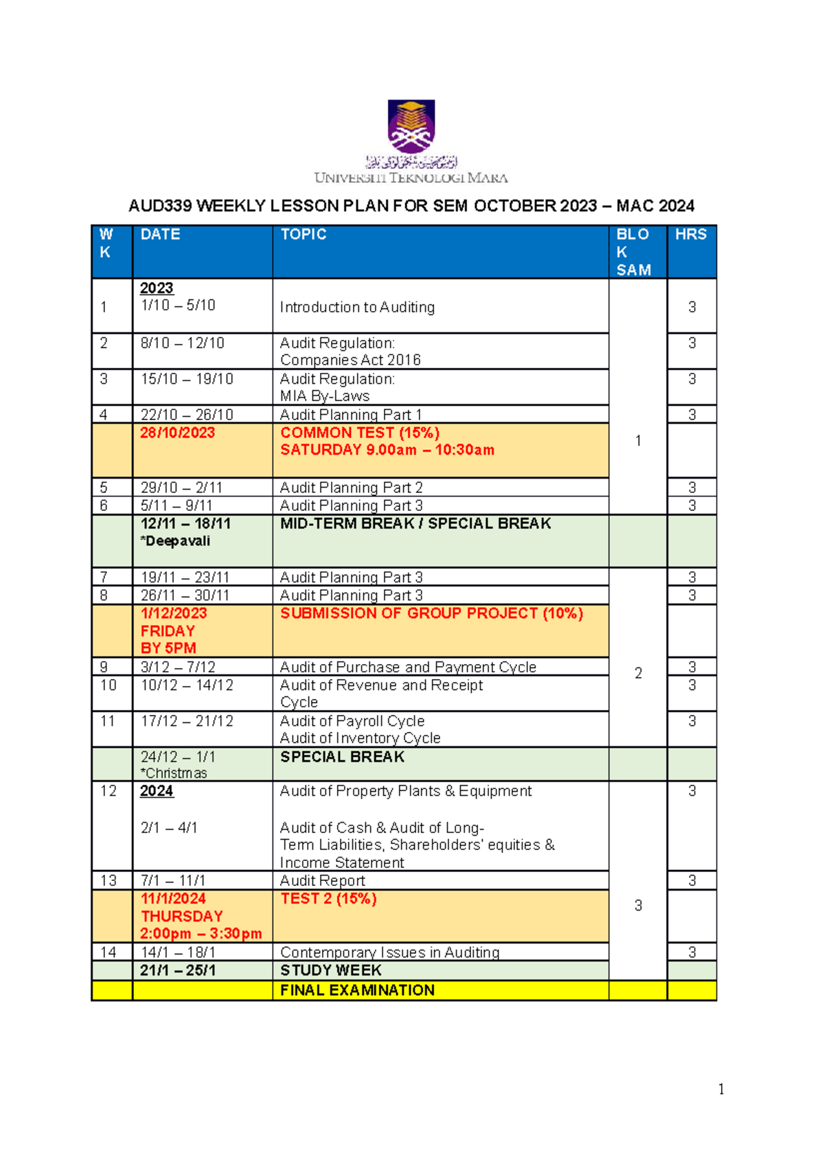 AUD339 LP OCT23 - MAC24 - AUD339 WEEKLY LESSON PLAN FOR SEM OCTOBER ...
