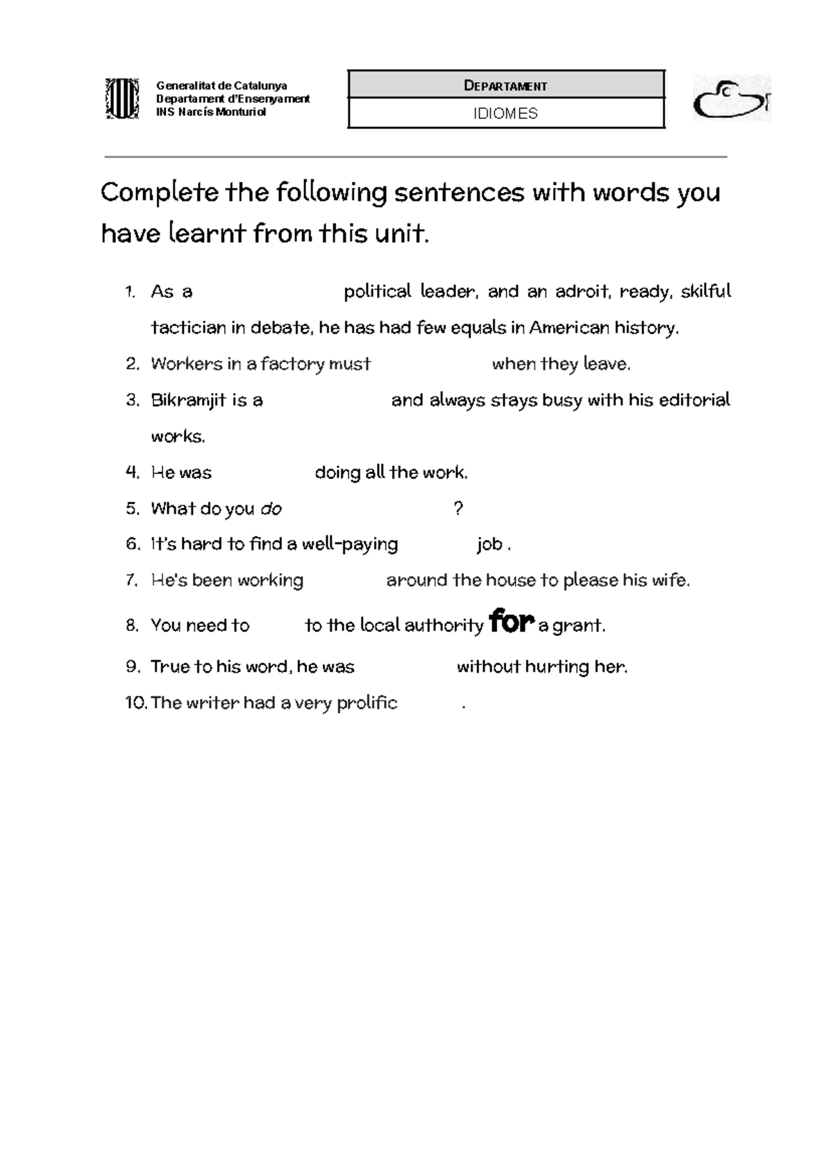 IDIOMES Vocabulary Practice: Sentence Completion Exercises - Studocu