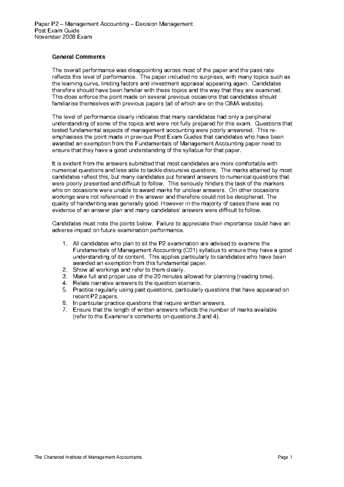 P2 PEG final version - CIMA P2 - Post Exam Guide November 2008 Exam ...