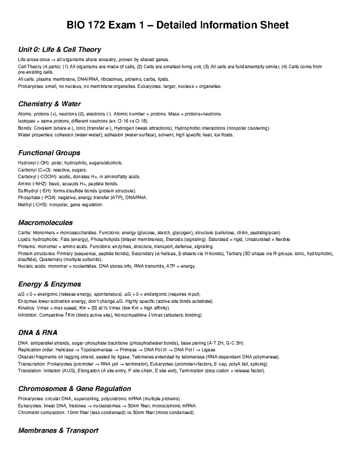 BIO 172 Exam 1 Study Guide: Cell Theory & Molecular Biology - Studocu