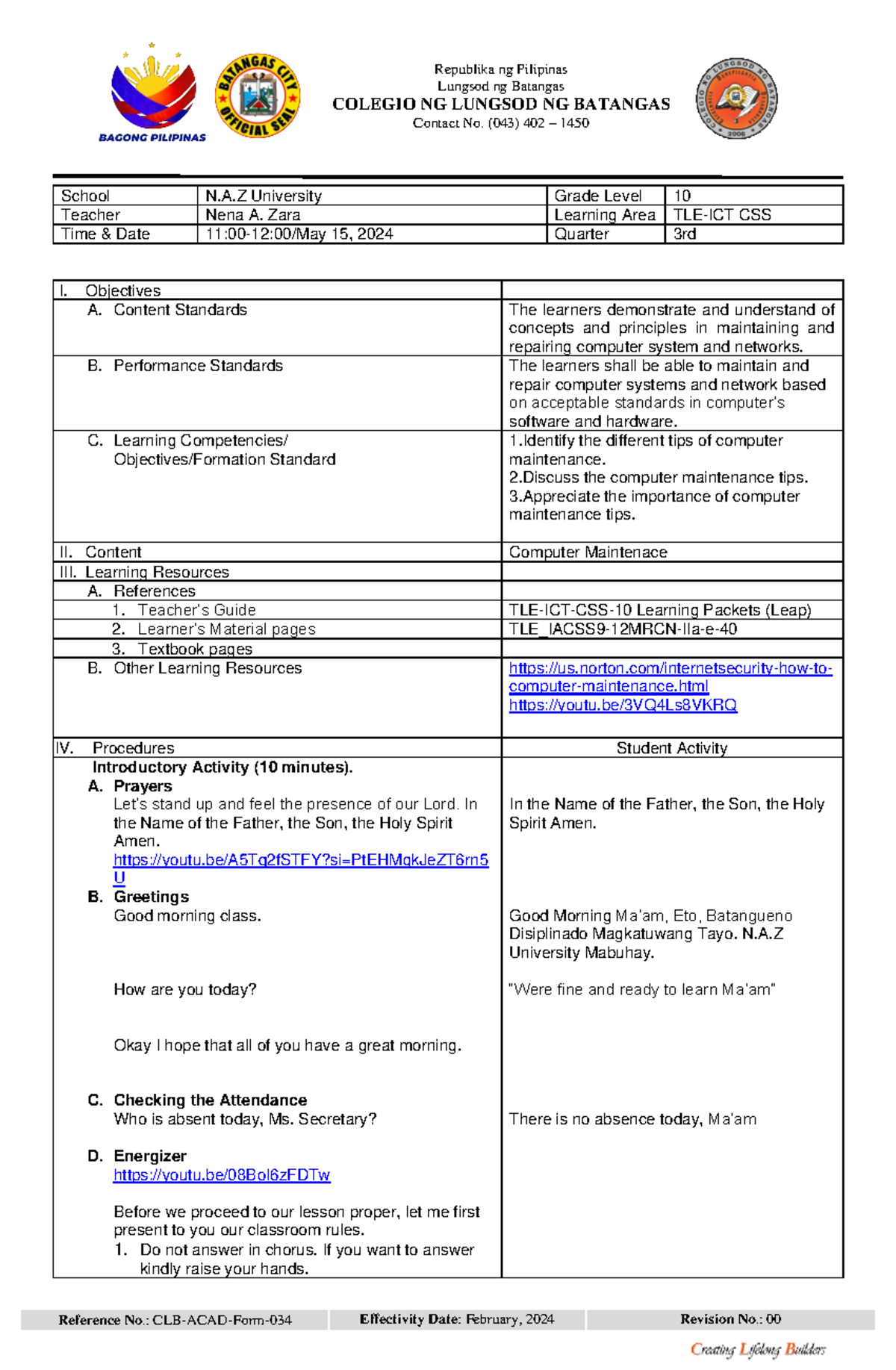 Lesson Plan: Computer Maintenance Tips for TLE-ICT-CSS-10 - Studocu