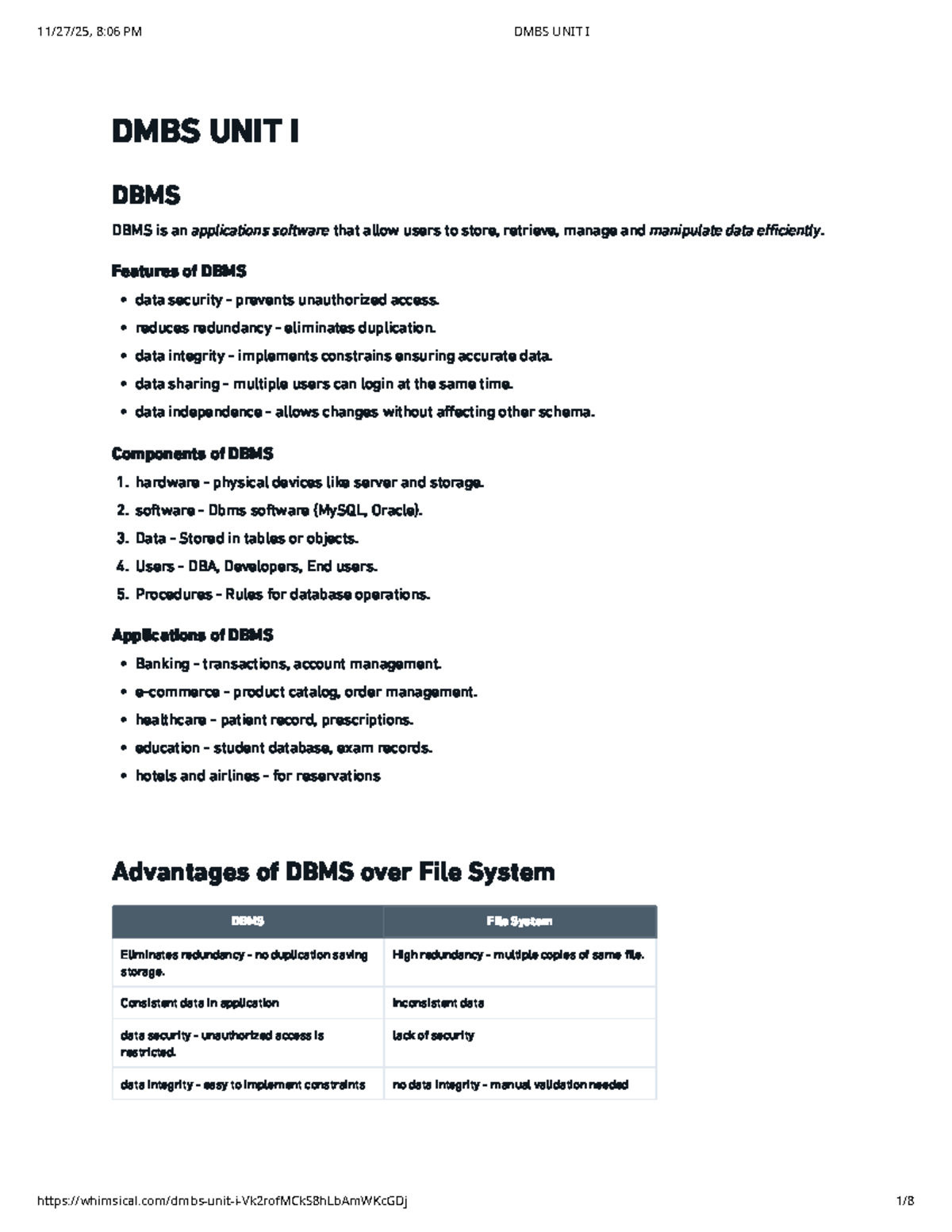 DBMS UNIT I: Key Concepts and Features Explained - Studocu
