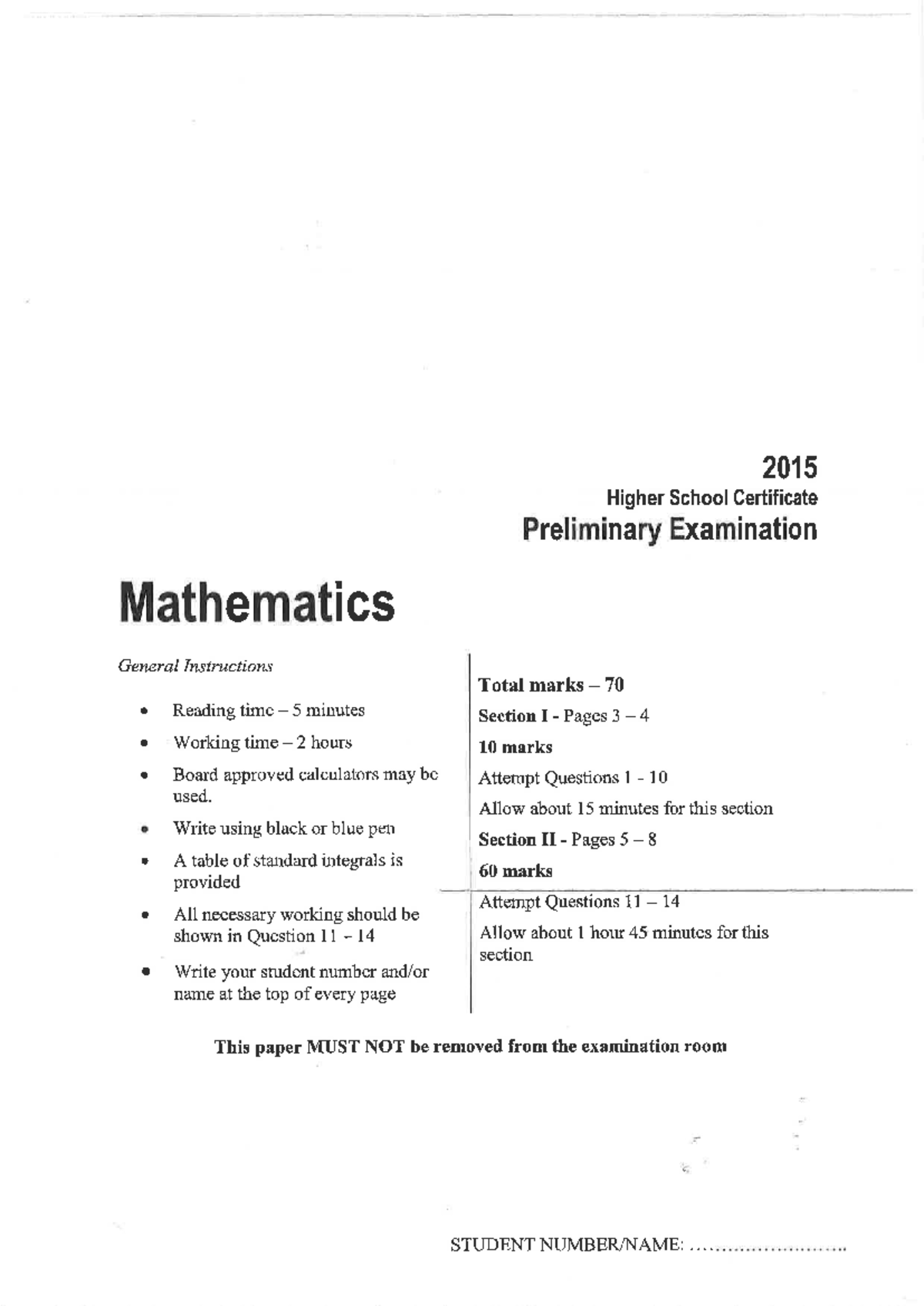 2015 HSC Preliminary Mathematics Exam Instructions and Questions - Studocu