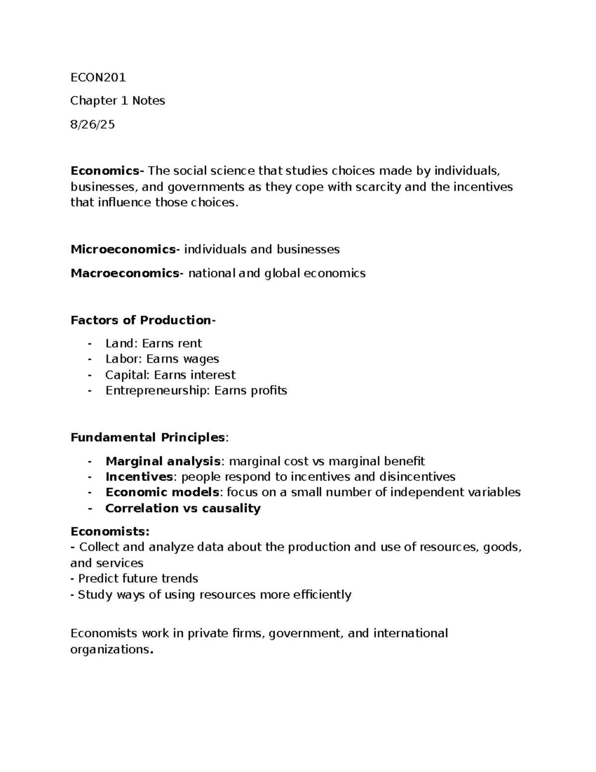 ECON201 Chapter 1 Notes: Introduction to Economic Principles - Studocu
