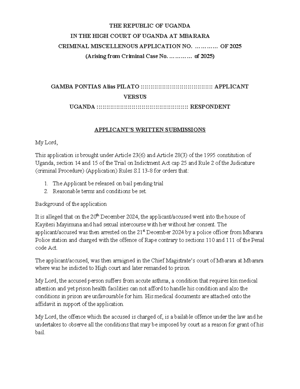 Bail Submissions in High Court Case: Gamba Pontias vs. Uganda - Studocu