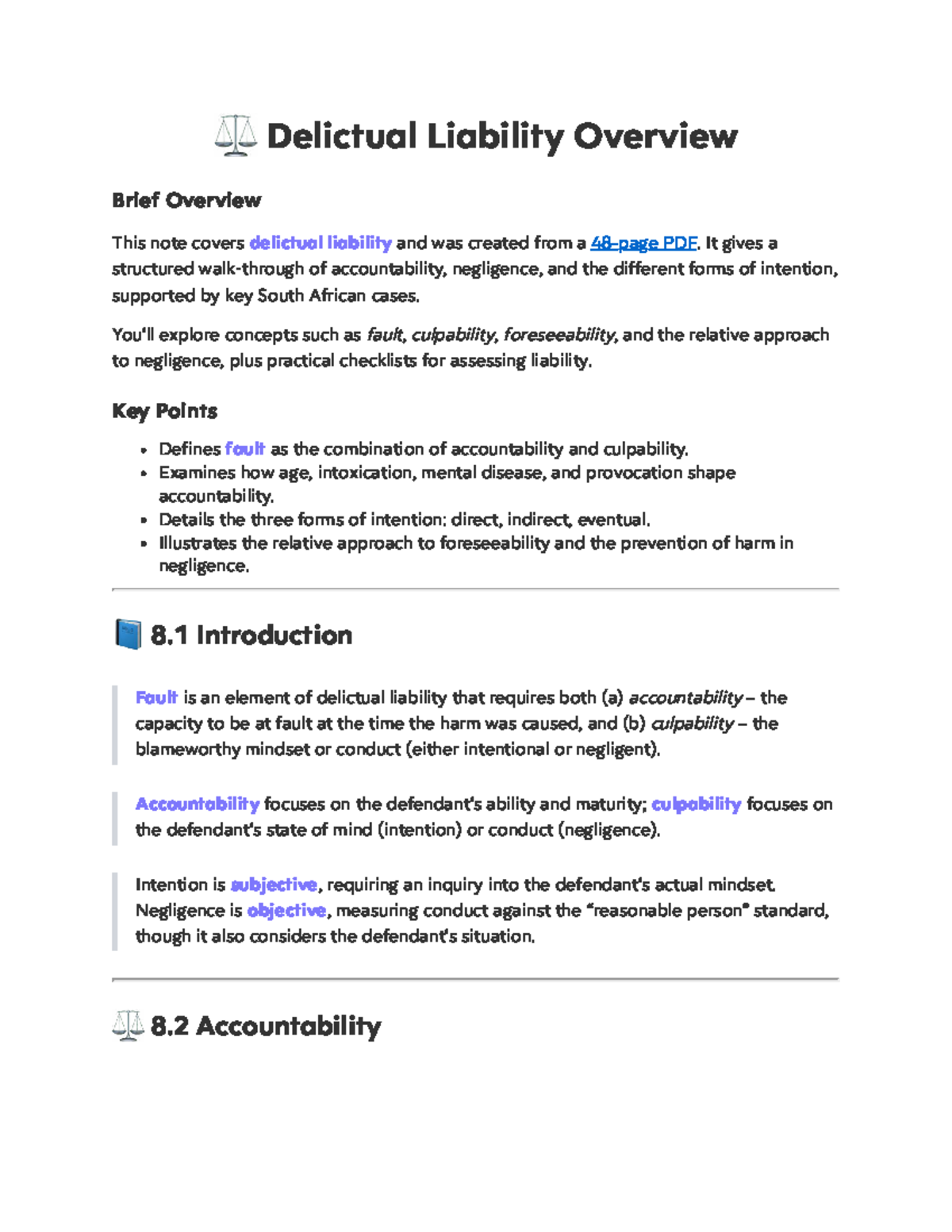 Chapter 8: Delictual Liability and Fault Overview (LAW 101) - Studocu