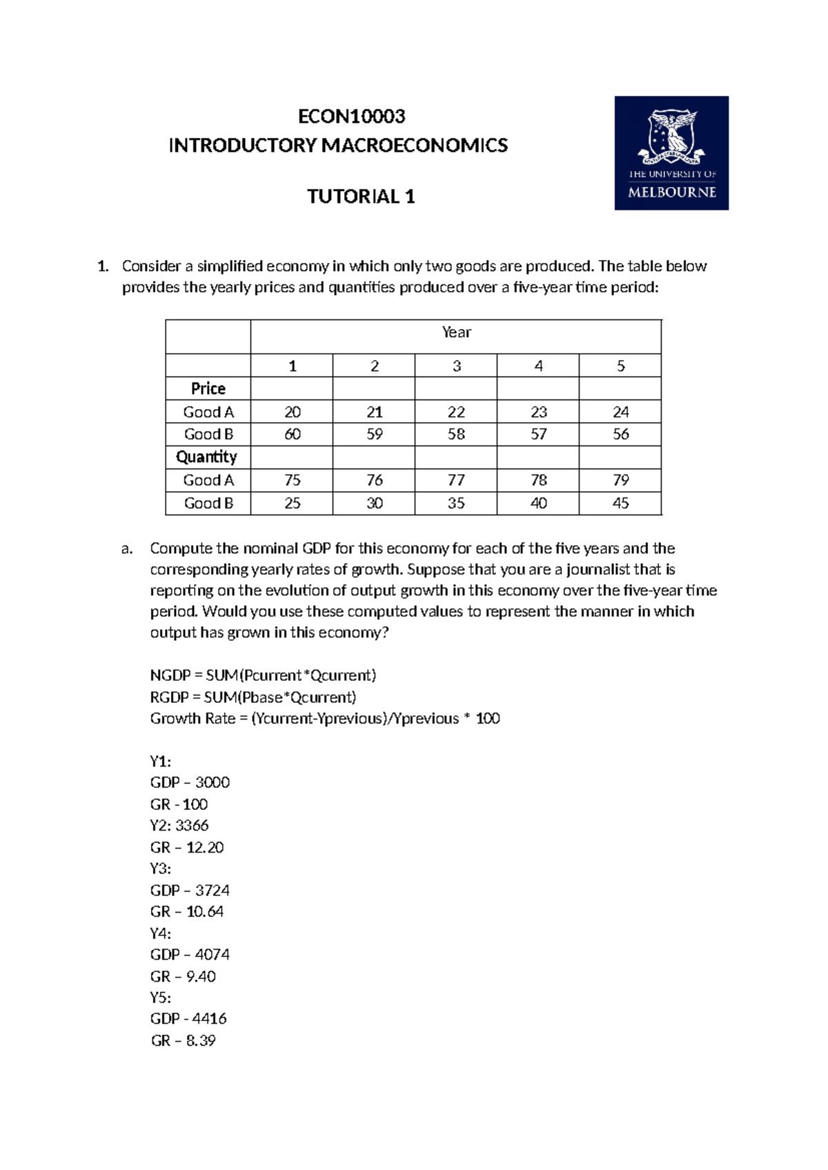 Introductory Macroeconomics Tutorial 1: GDP Computation & Growth Rates ...