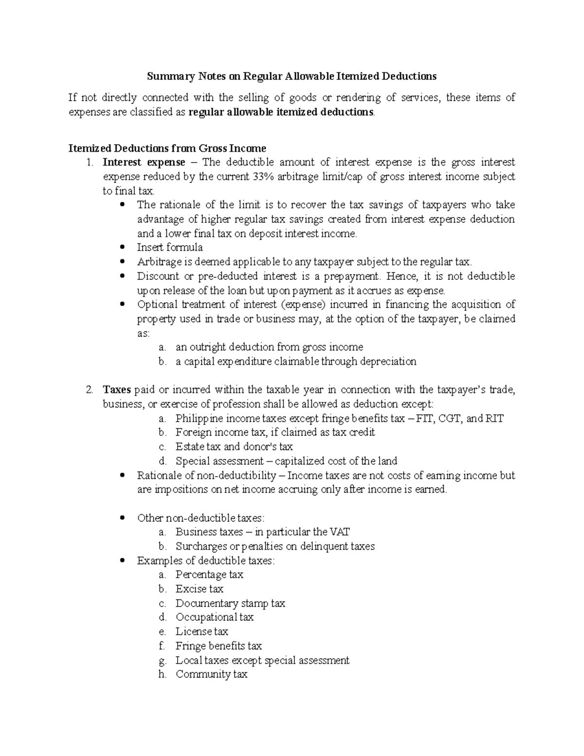 Regular Allowable Itemized Deductions Summary Notes for Tax Study - Studocu