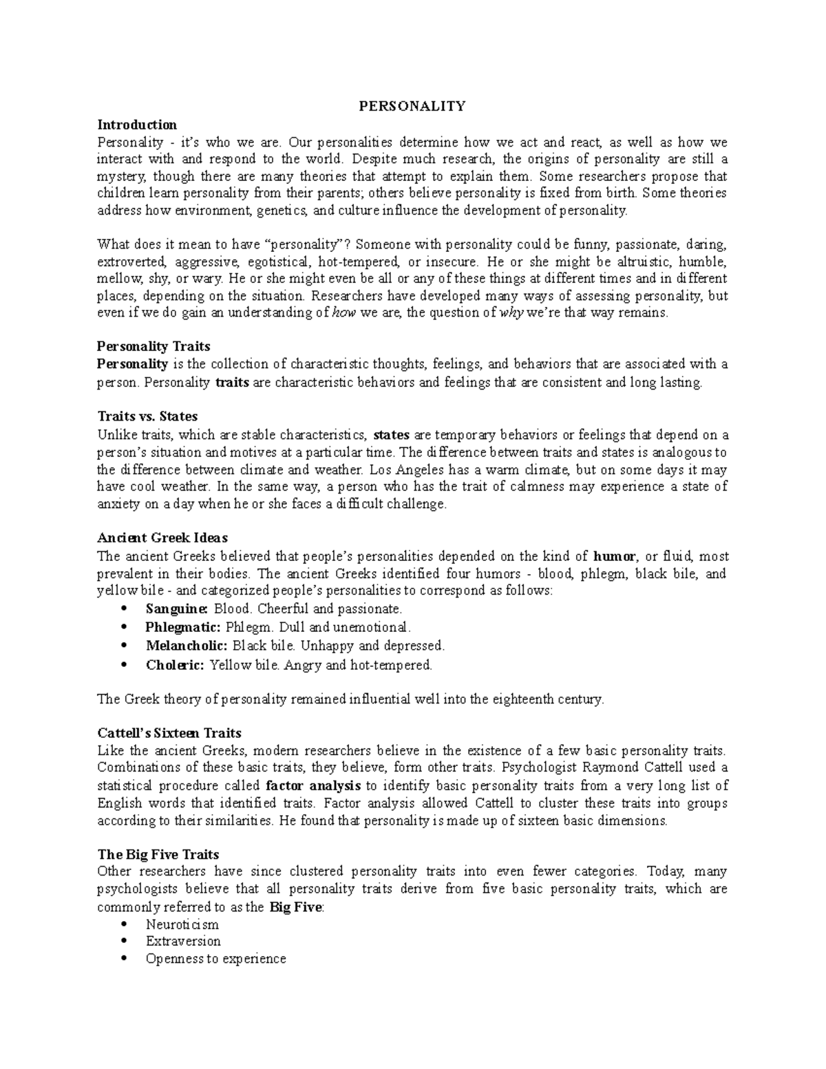 Lesson 12: Understanding Personality - Key Concepts and Theories - Studocu
