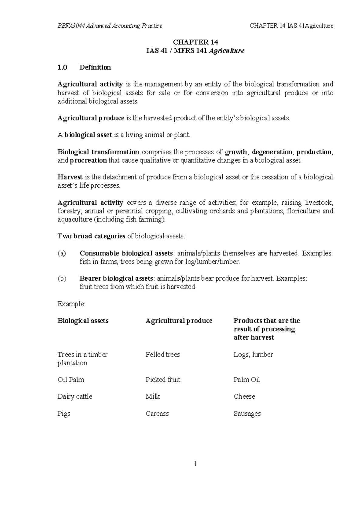 Chapter 14 - IAS 41 / MFRS 141: Agriculture Standards Overview - Studocu