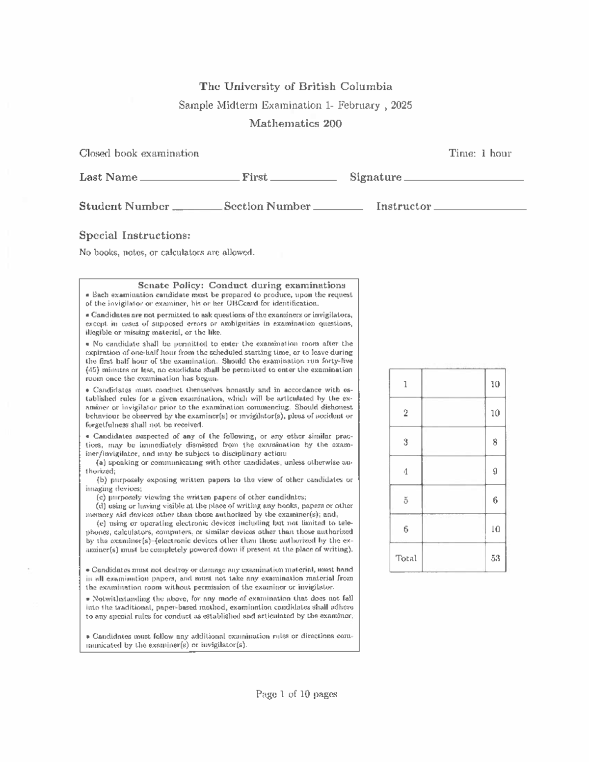 UBC MATH 200 Sample Midterm Exam - February 2025 Guidelines & Questions ...