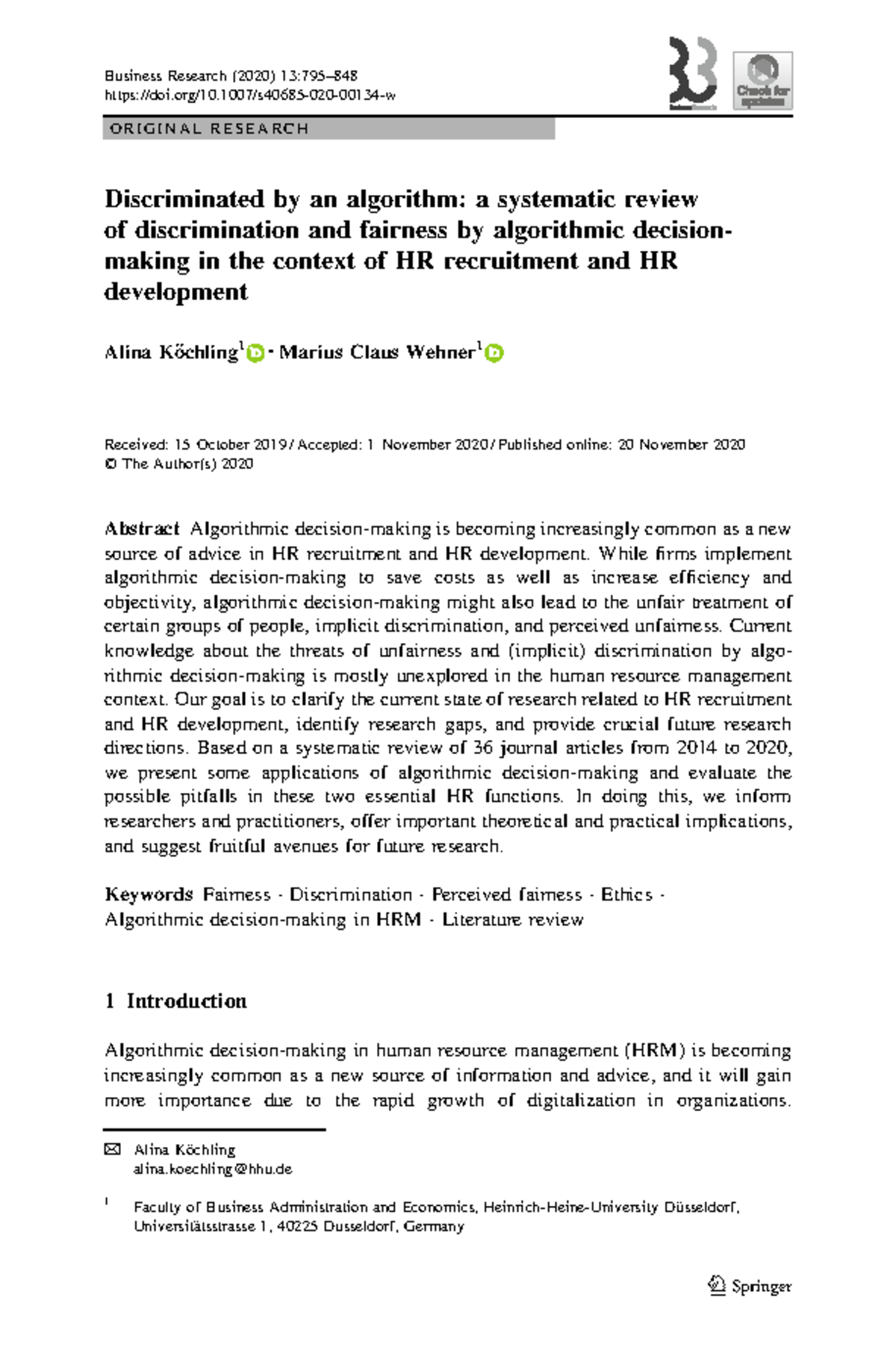 Algorithmic Fairness and Discrimination in HRM: A Systematic Review ...