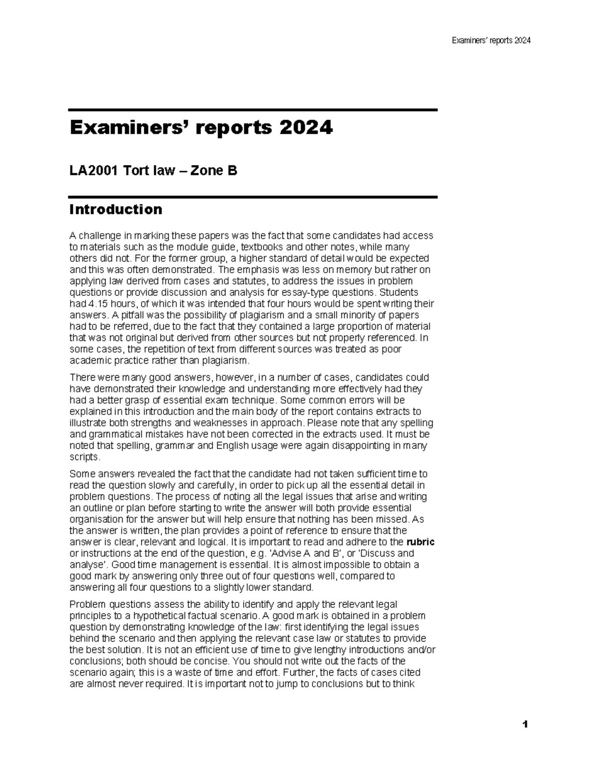 Tort Law Report 2024: Insights and Analysis for LA2001 - Studocu