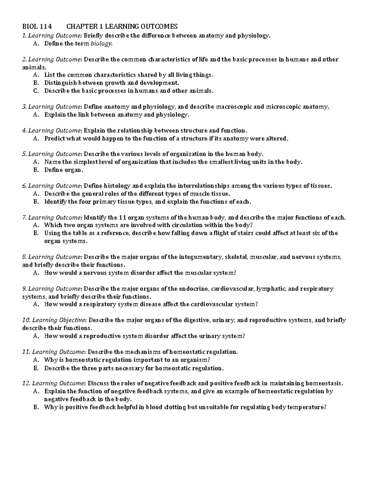 BIOL 114 Chapter 1 Learning Outcomes Overview and Key Concepts - Studocu
