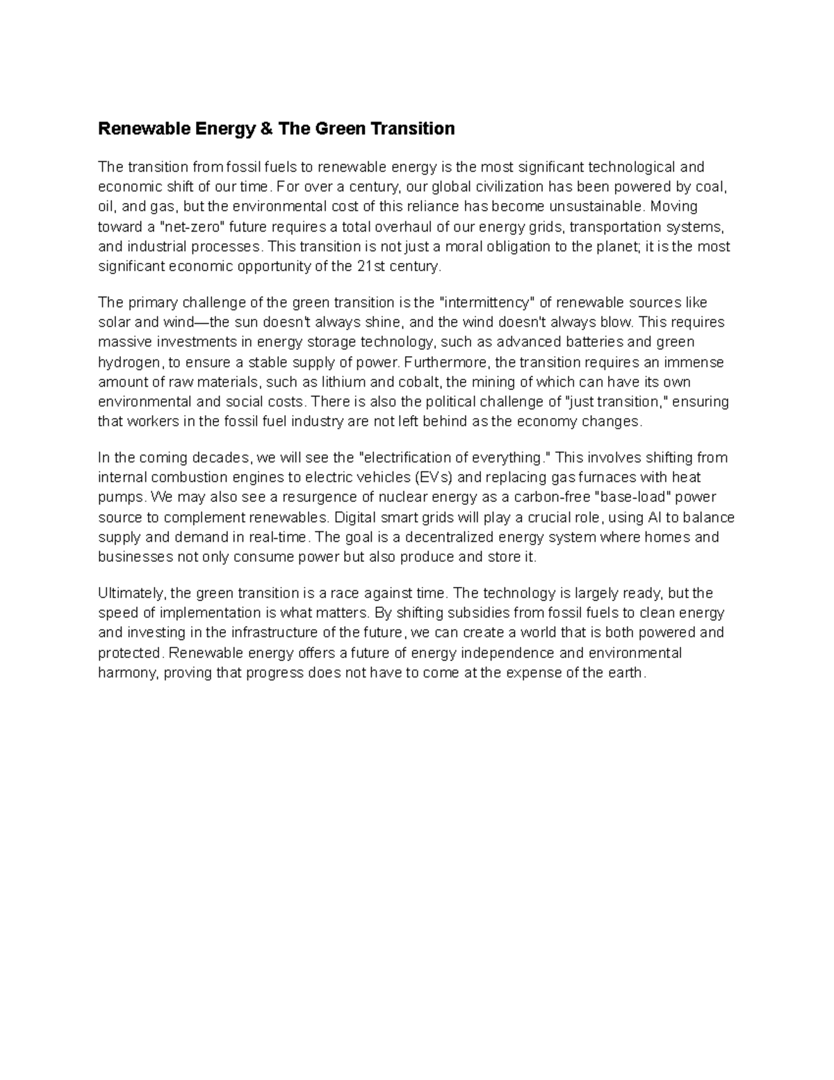 Renewable Energy & The Green Transition: A Path to Sustainability - Studocu