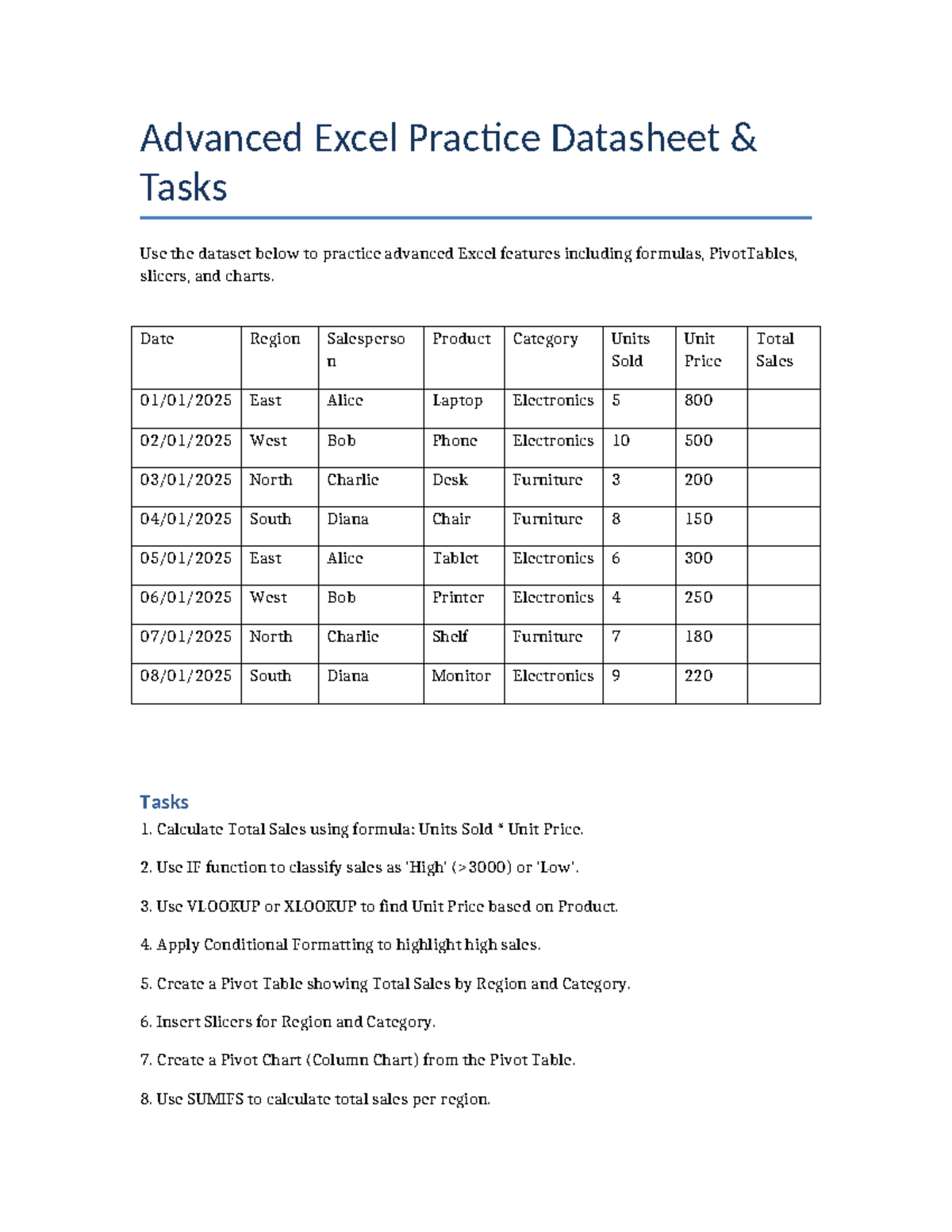Advanced Excel Practice: Formulas, PivotTables & Charts - Studocu