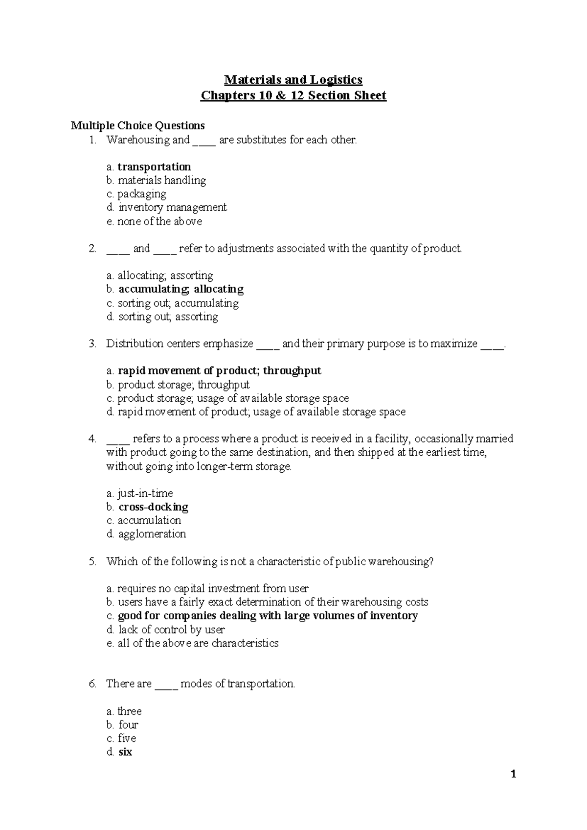 Transportation and Warehousing MCQs: Chapters 10-12 Study Guide - Studocu