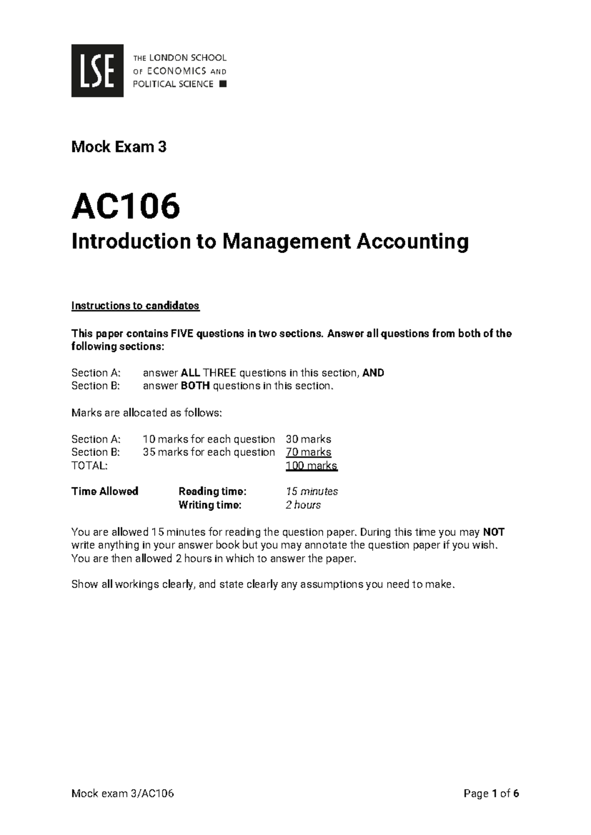 Mock Exam 3 - AC106 Intro to Management Accounting (2024-25) - Studocu