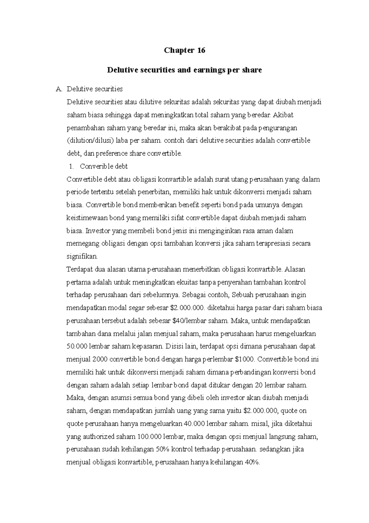 Chapter 16 - Dilutive Securities & EPS Analysis (Final Exam) - Studocu