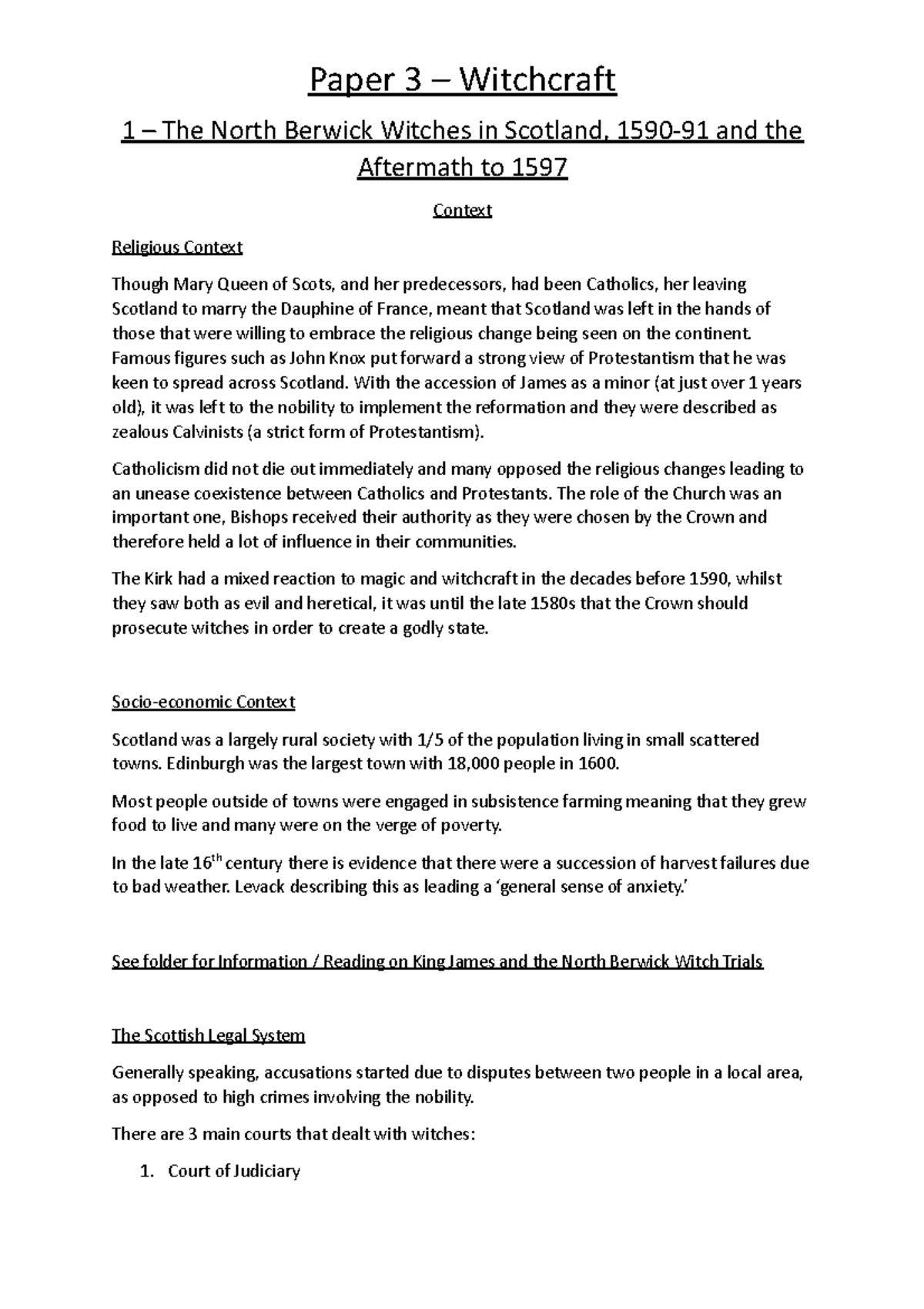Witchcraft and the North Berwick Trials: Context and Impact (HIST 302 ...