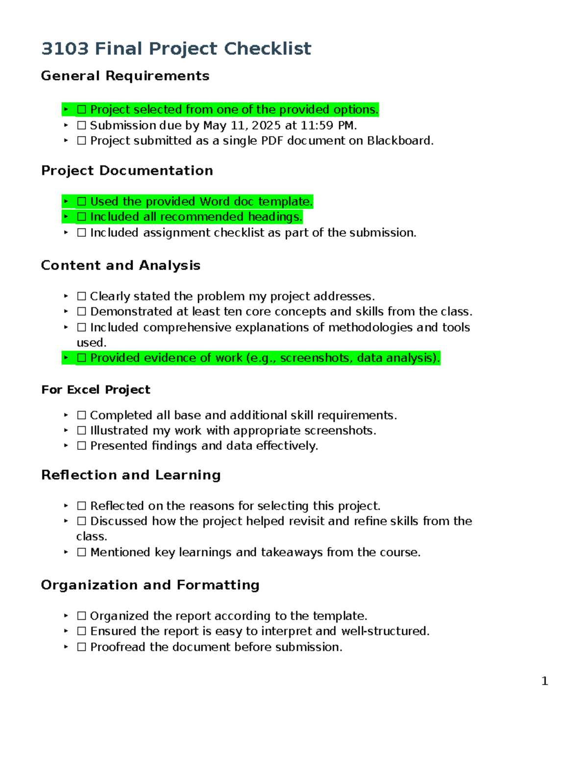 3103 Final Project Checklist: General Requirements & Submission Guide ...
