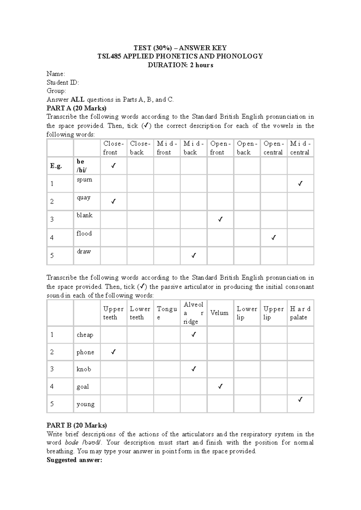 Phonetics Midterm Exam Answer Key TSL485 - Studocu