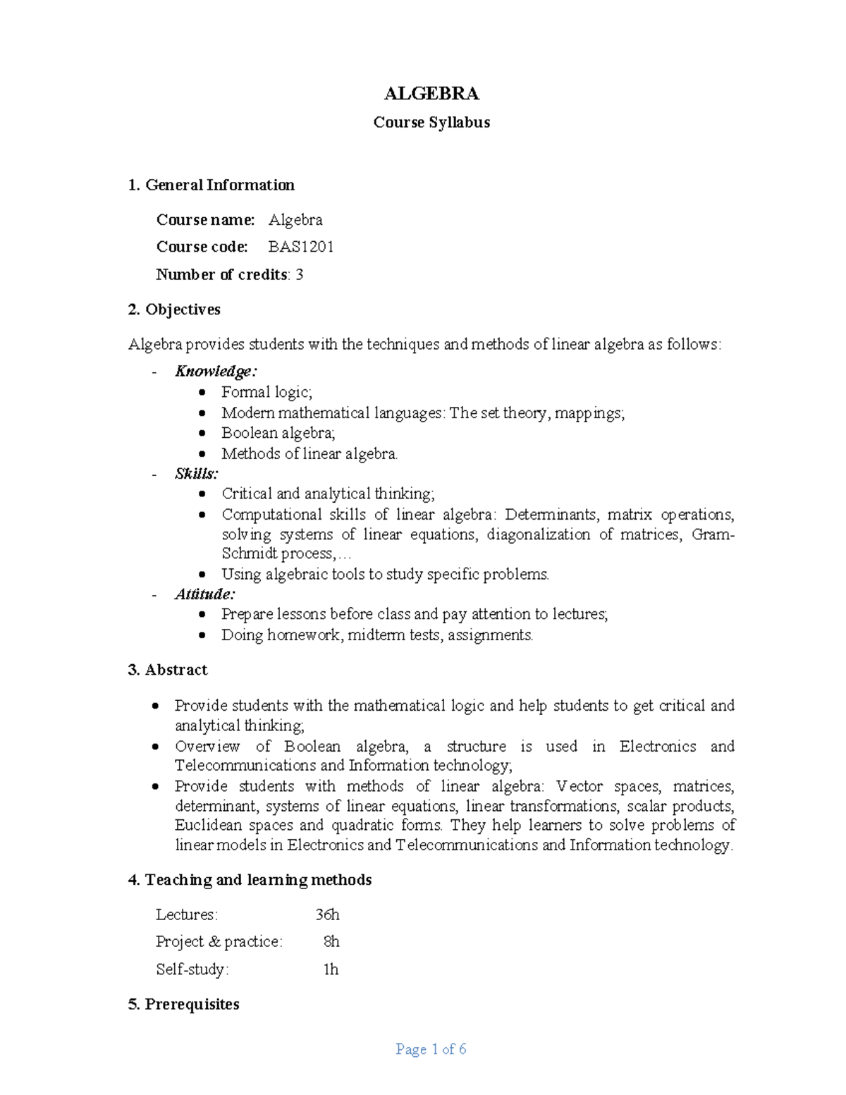 Syllabus-Algebra-PTIT - ALGEBRA Course Syllabus 1. General Information ...