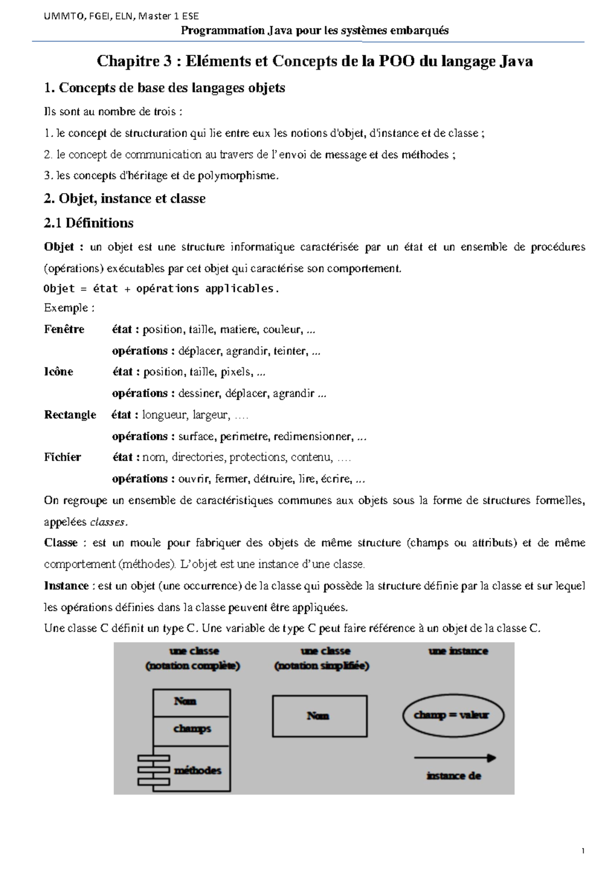 UMMTO, FGEI, ELN, Master 1 ESE Chapitre 3 : Concepts de la POO en Java ...