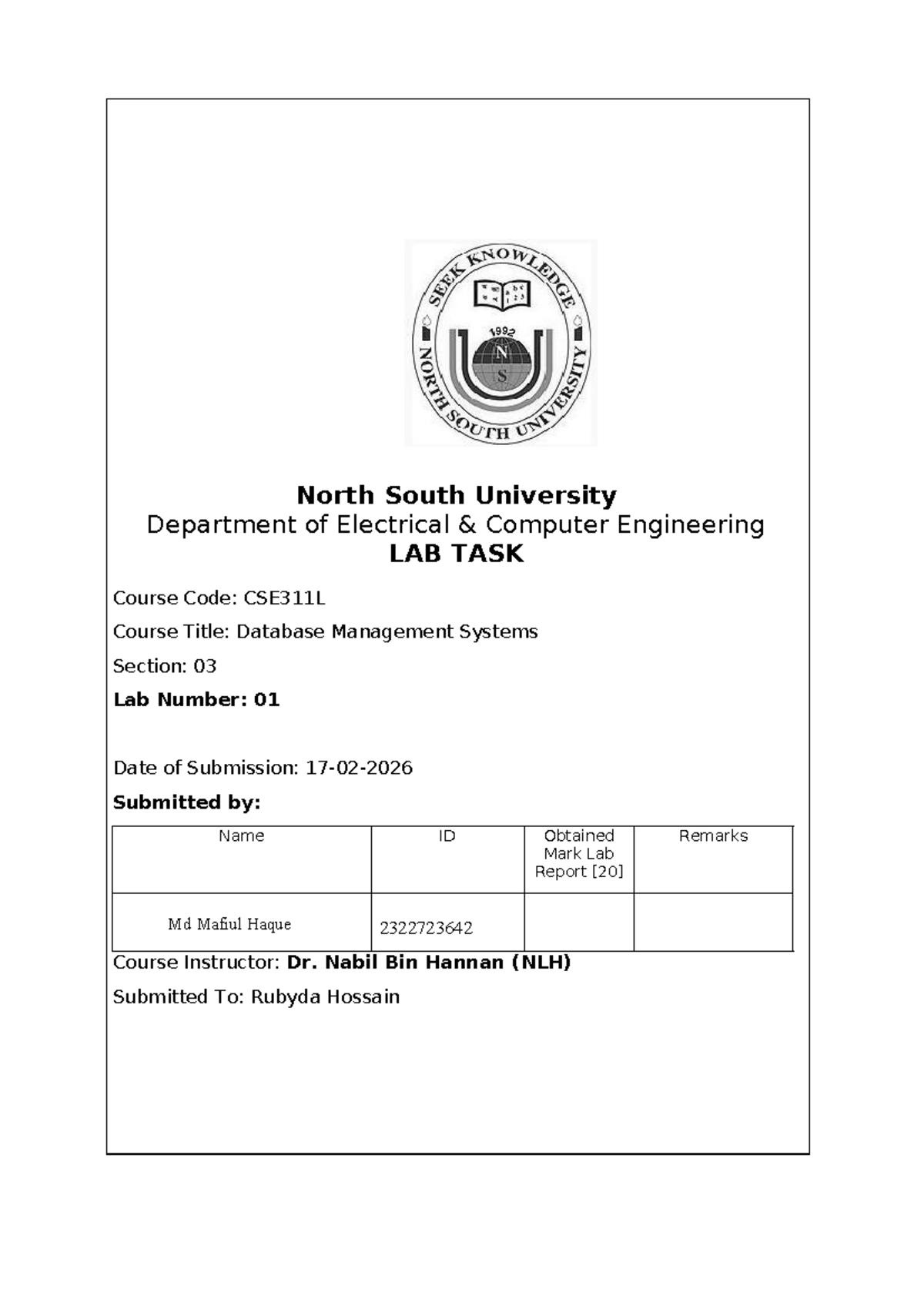Lab task - Cover page - Database Management System - North South ...
