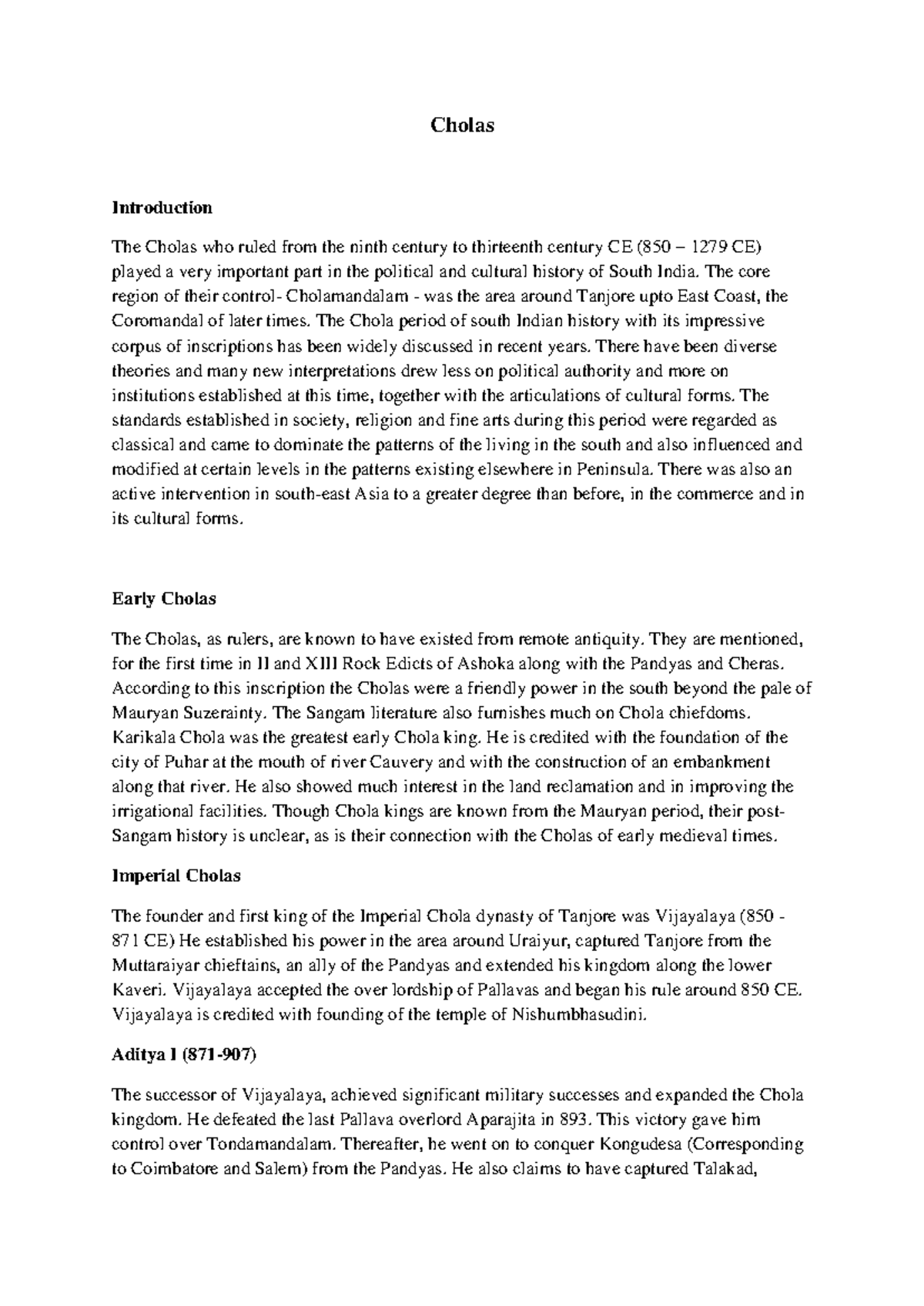 Cholas History Overview: From Early to Imperial Dynasty - Studocu
