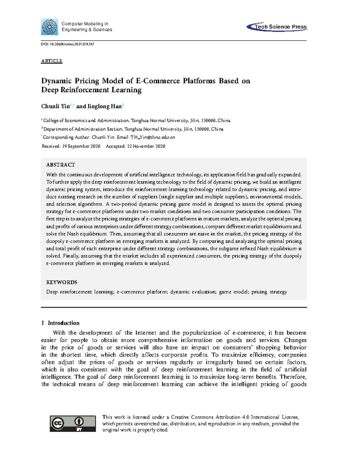 Dynamic Pricing Model Using Deep Reinforcement Learning (CMES 2021 ...