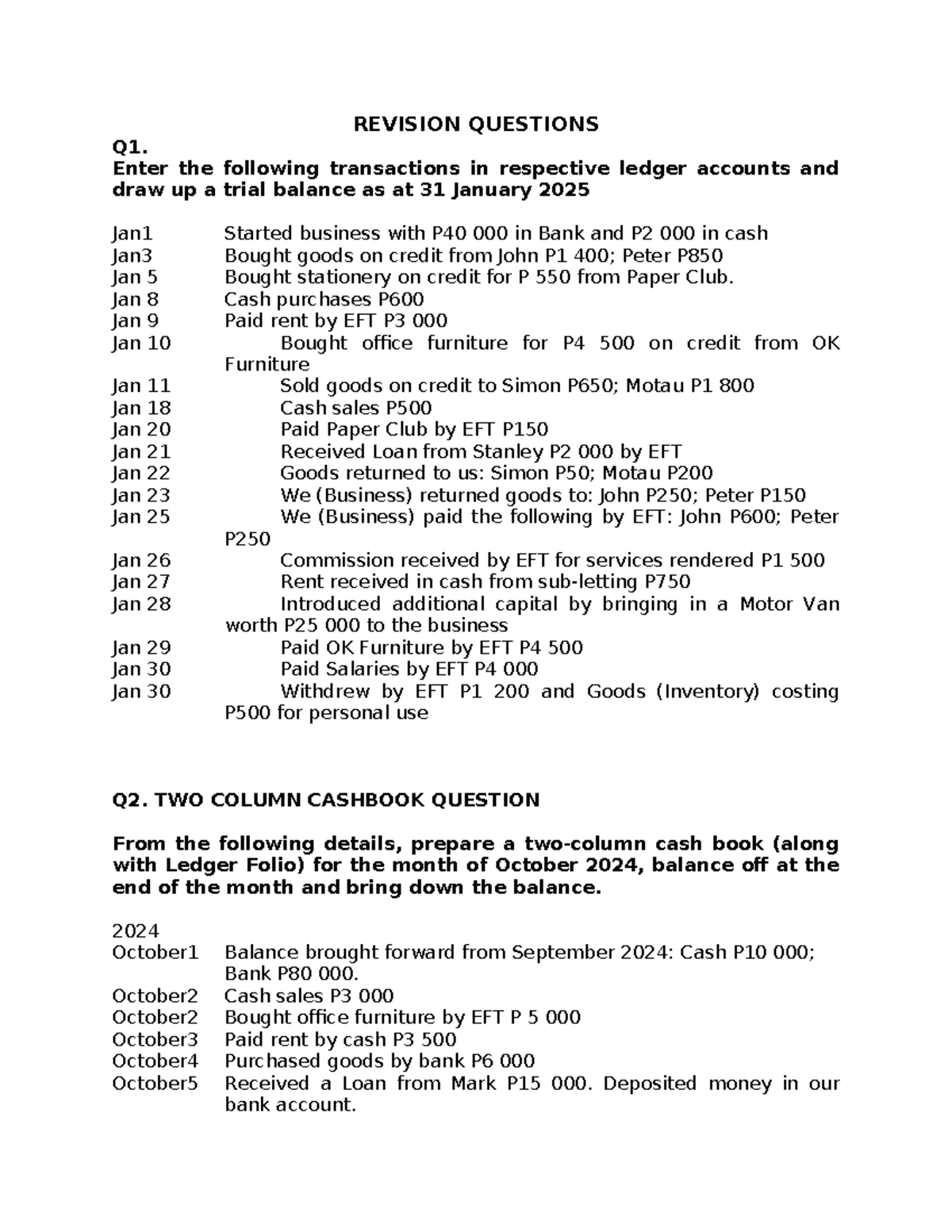 Revision Questions for Ledger Accounts & Cashbook - March 2025 - Studocu