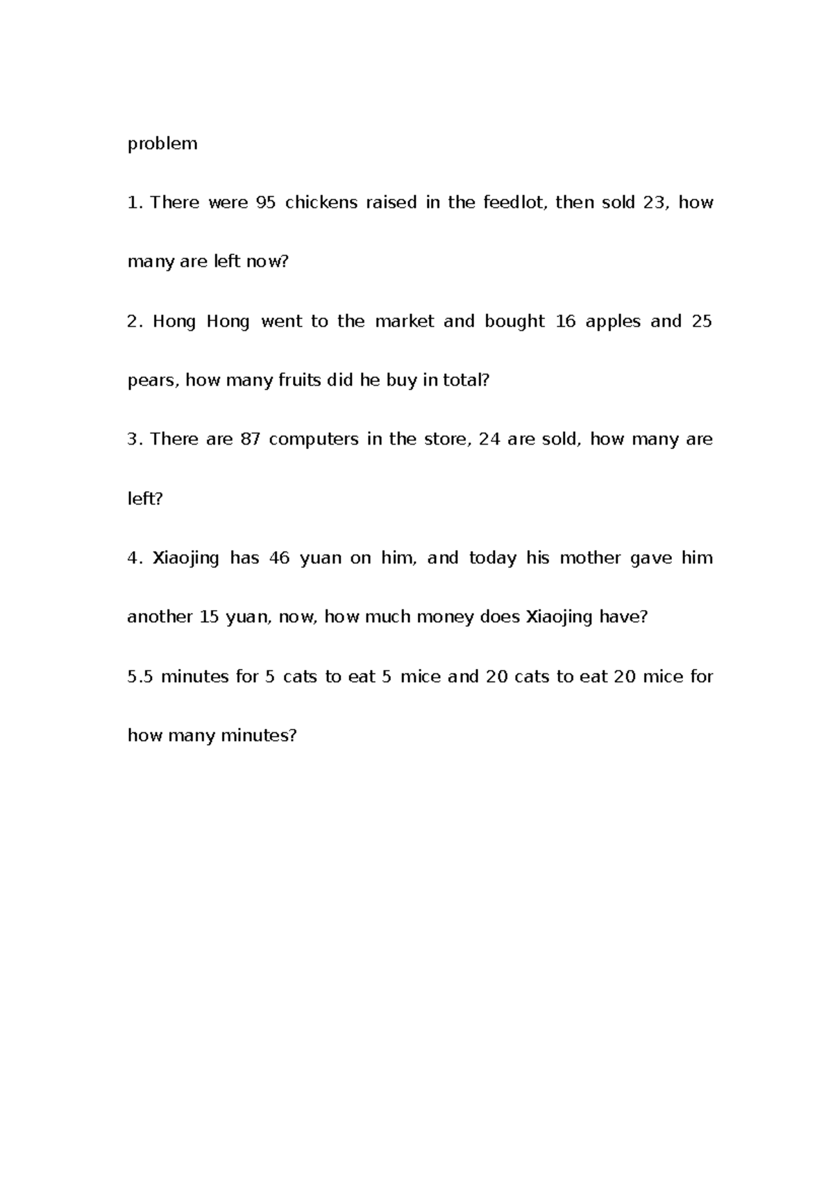 Math Problem Set: 2nd Grade Application Questions - Studocu