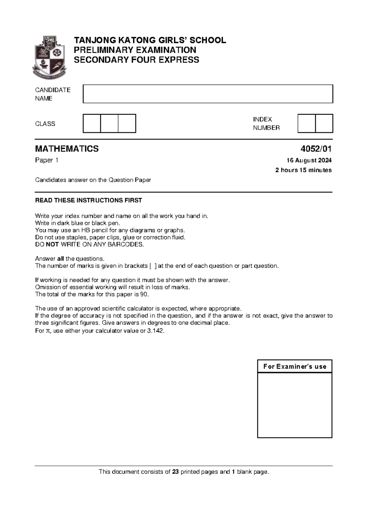 TKGS 2024 S4 Math Prelim Exam Paper 1 with Answer Key - Studocu