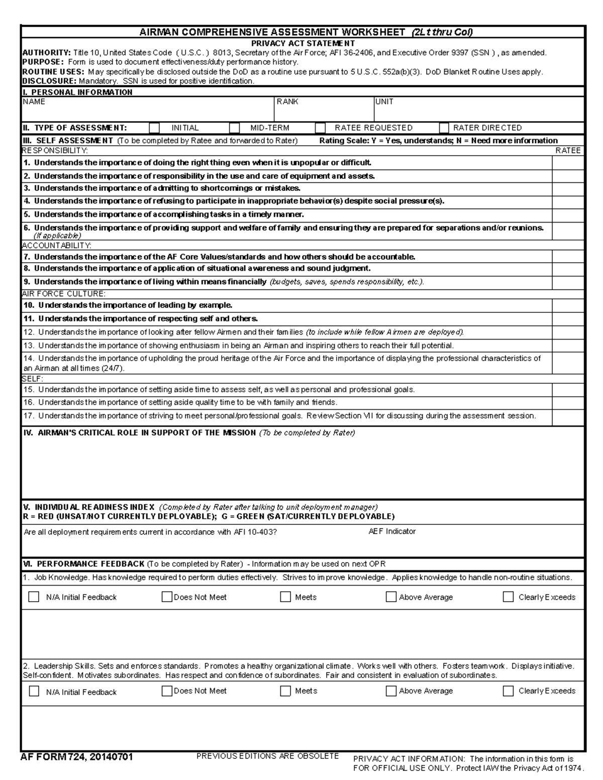 AF Form 724 - POC Final Feedback Assessment (2Lt thru Col) - Studocu
