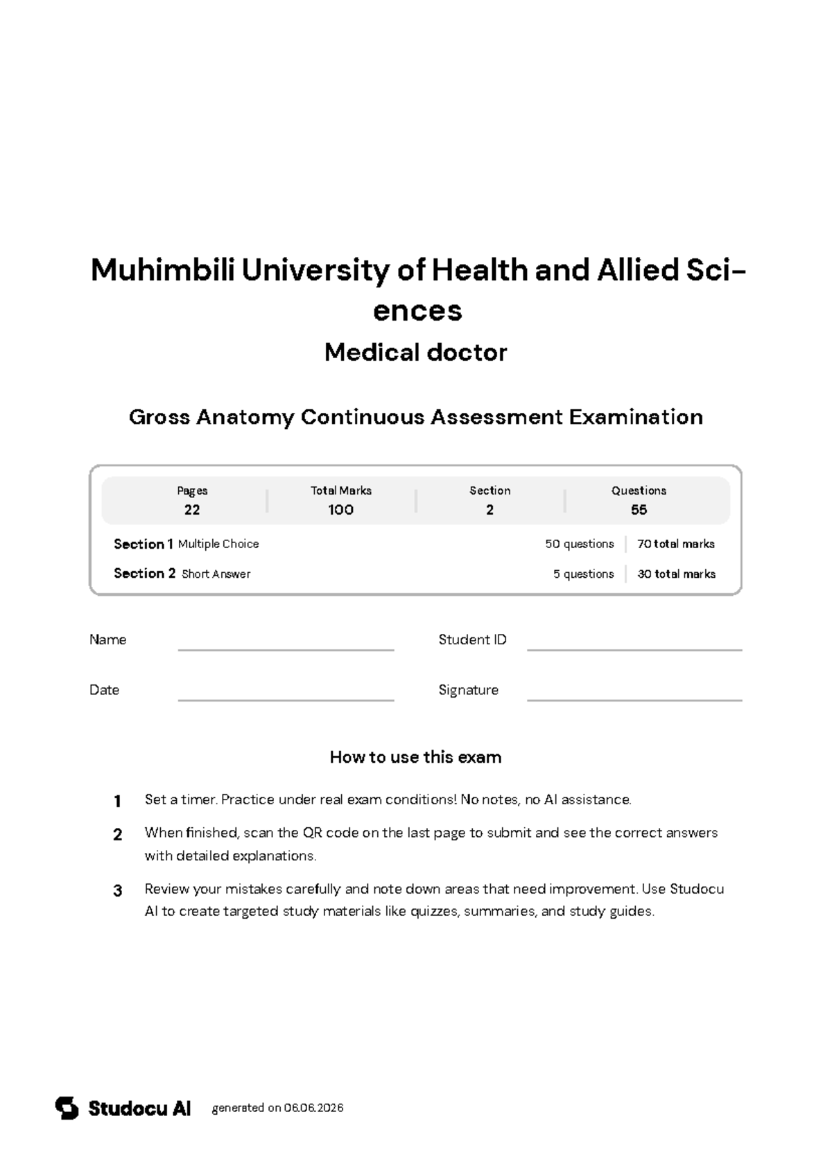 Gross Anatomy Continuous Assessment Exam - Studocu