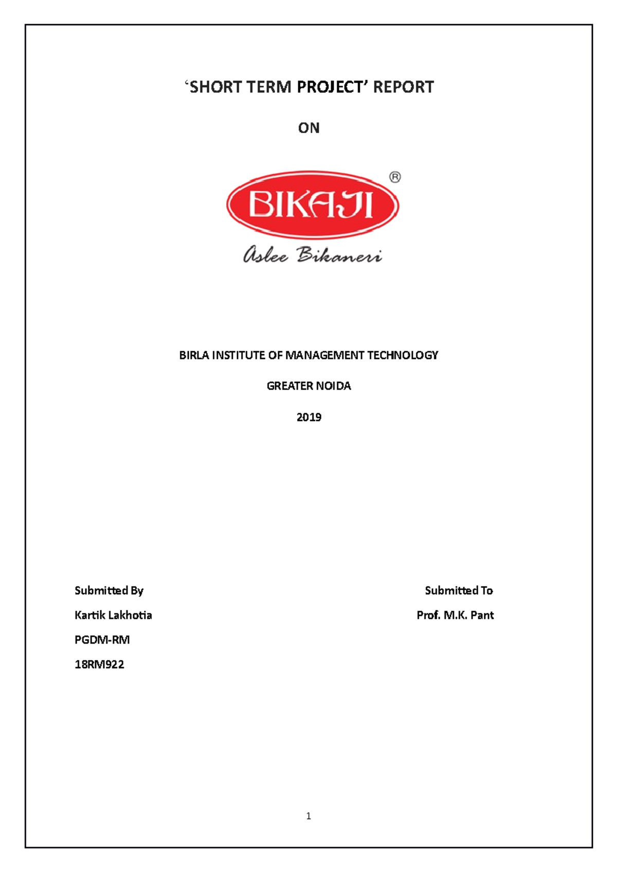 Short Term Project Report on Customer Behavior - PGDM-RM 18RM - Studocu