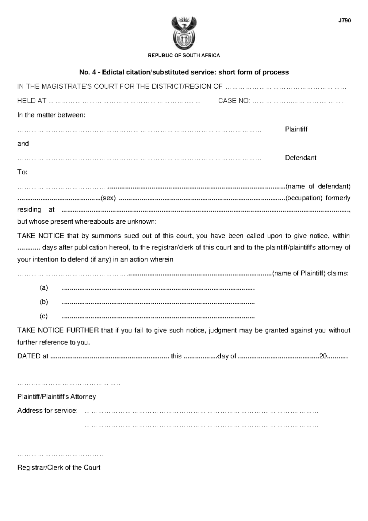 J790-form04 - Edictal Citation & Substituted Service Template - Studocu