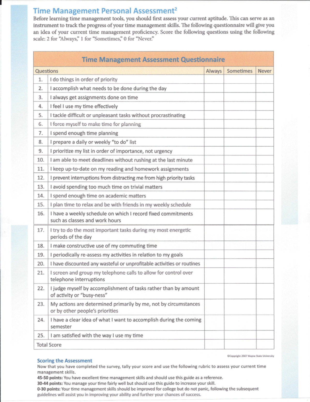 Time Management Questionnaire - PHYSICAL SCIENCE - Studocu