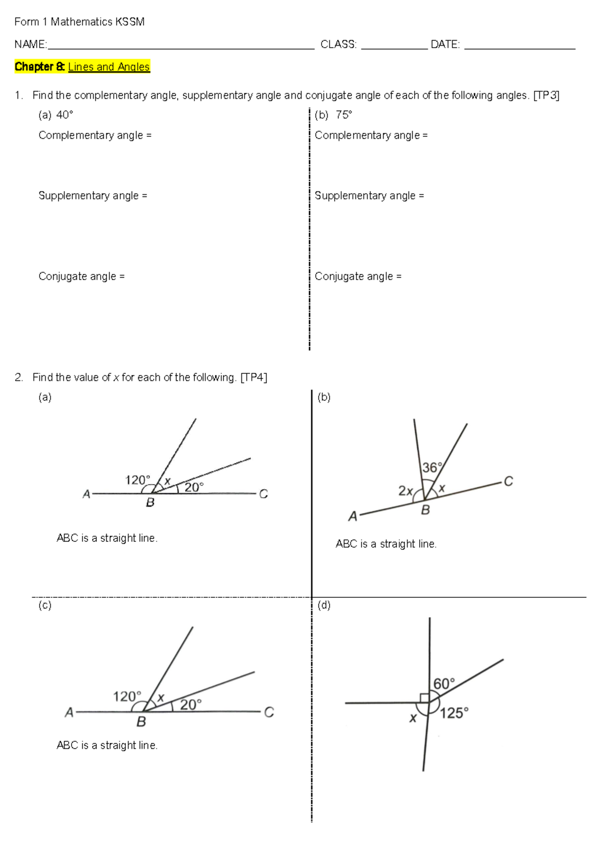 Form 1 Mathematics KSSM: Chapter 8 - Lines and Angles Study Guide - Studocu