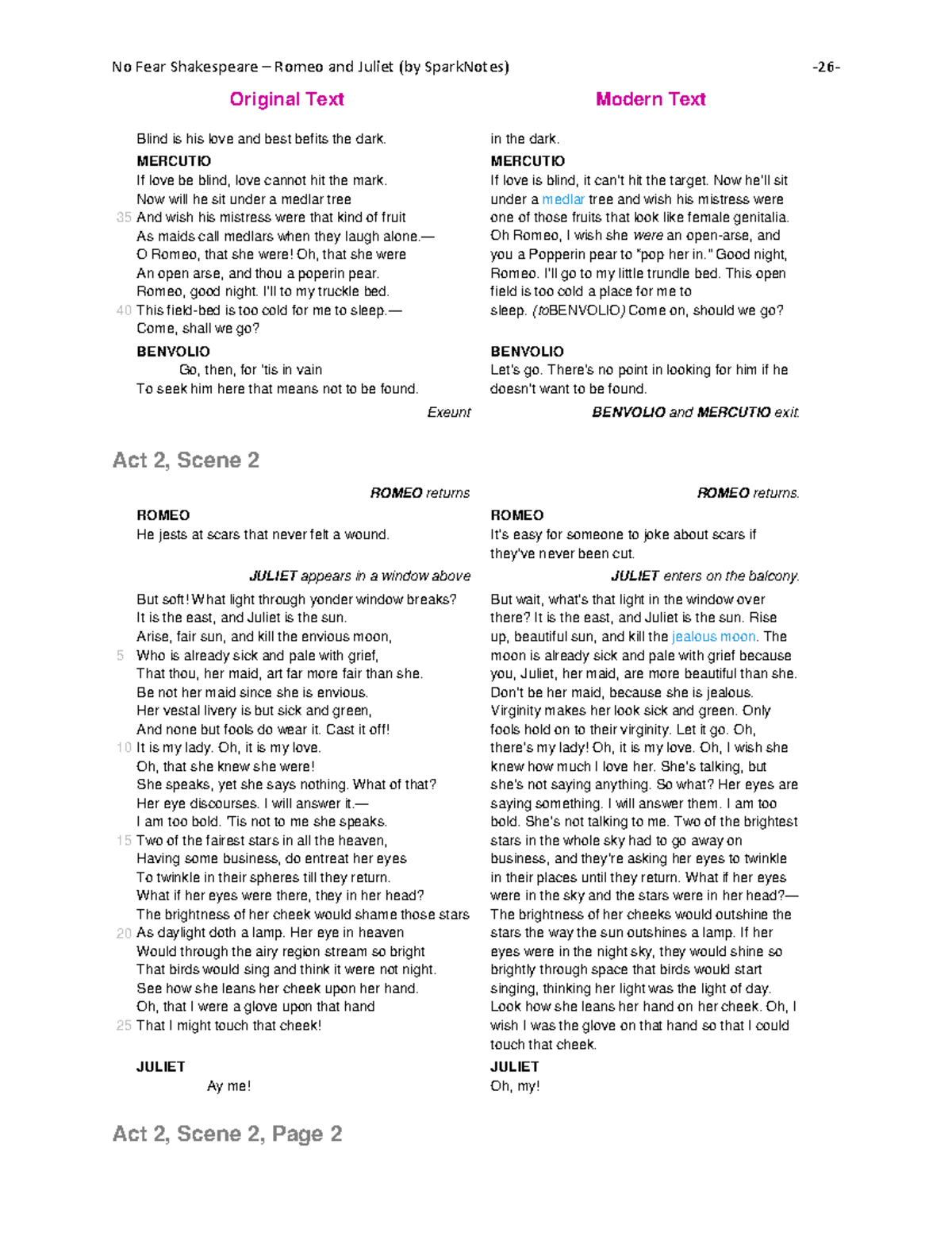 No Fear Shakespeare: Romeo and Juliet (ENG 101) Act 2 Scene 2 Analysis ...